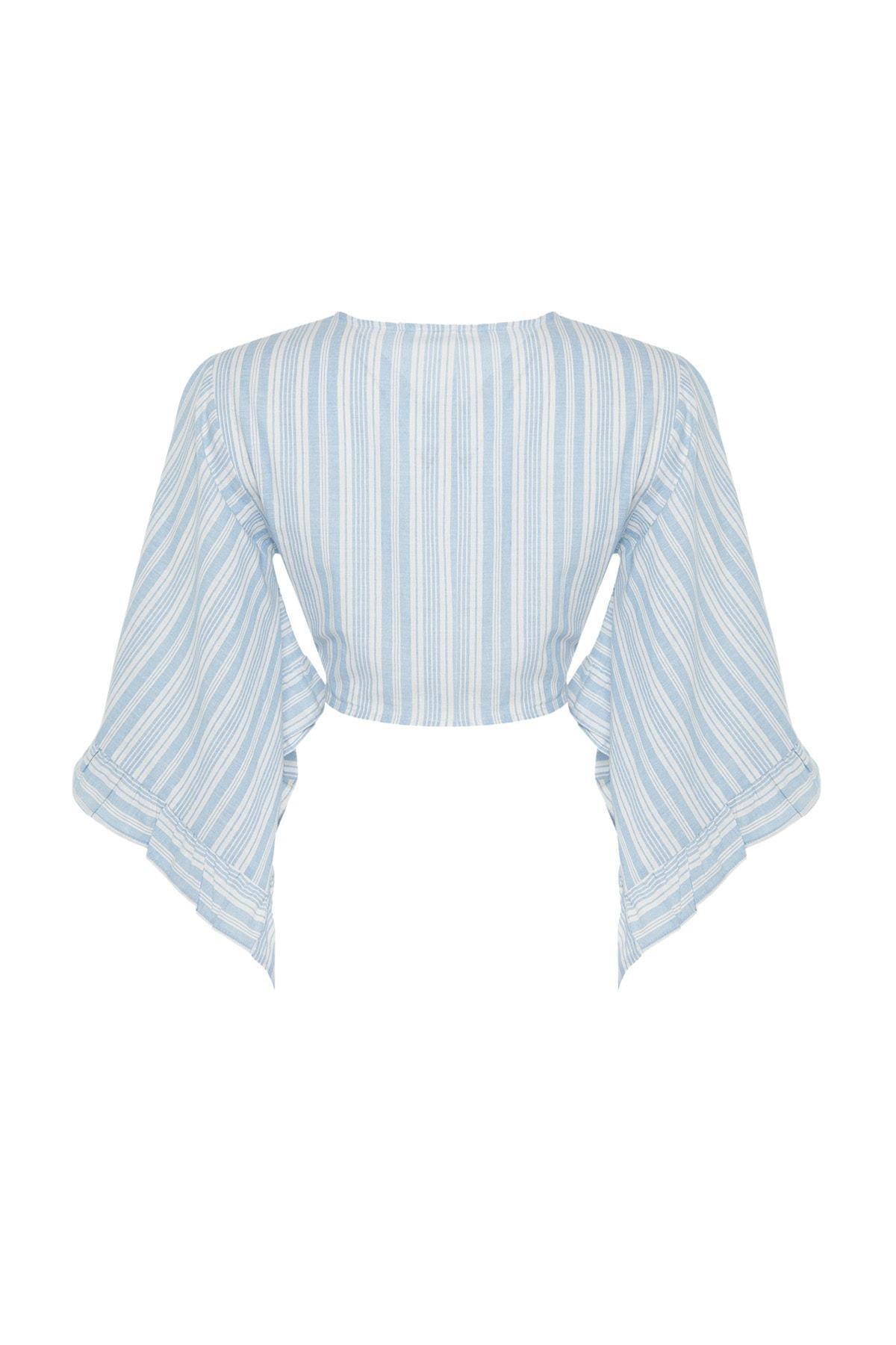 Trendyol - Blue Striped Cropped Tie Front Blouse