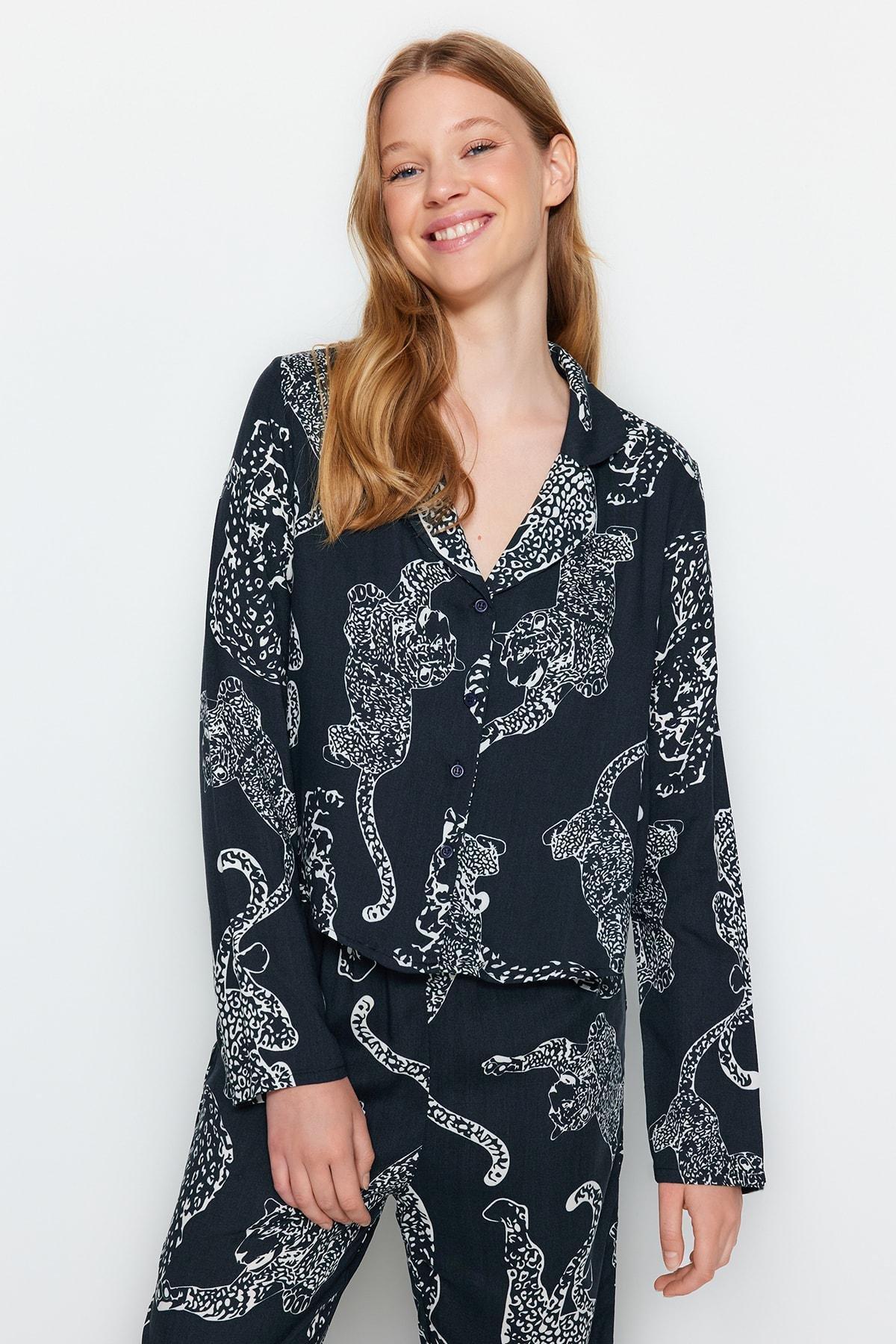 Grey Leopard Patterned Woven Pyjamas Set, , large image number 1