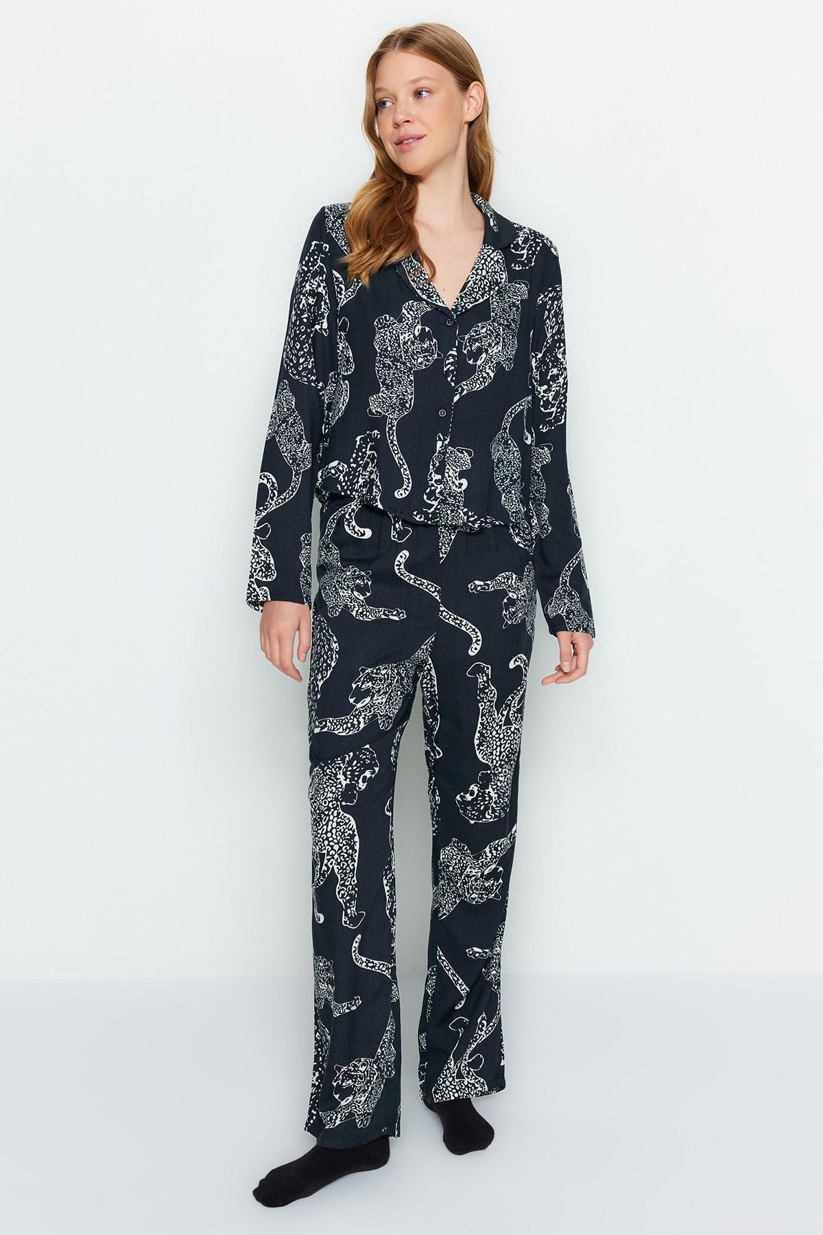 Grey Leopard Patterned Woven Pyjamas Set, , large image number 2