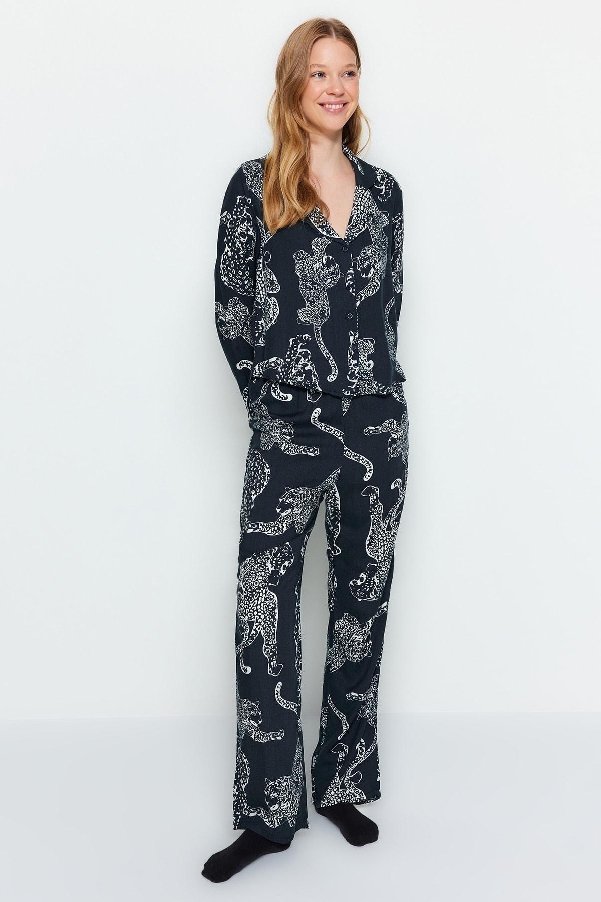 Grey Leopard Patterned Woven Pyjamas Set, , large image number 3