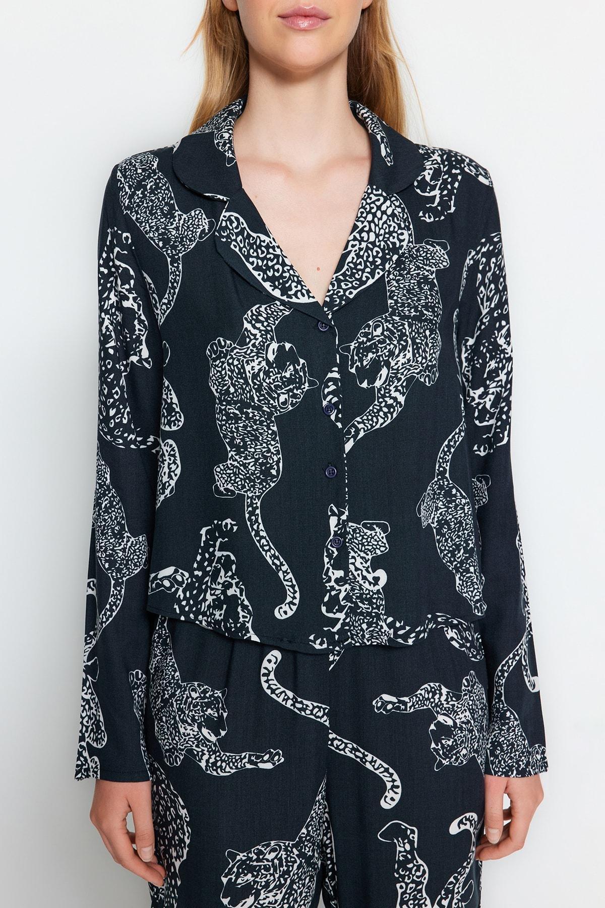 Grey Leopard Patterned Woven Pyjamas Set, , large image number 4