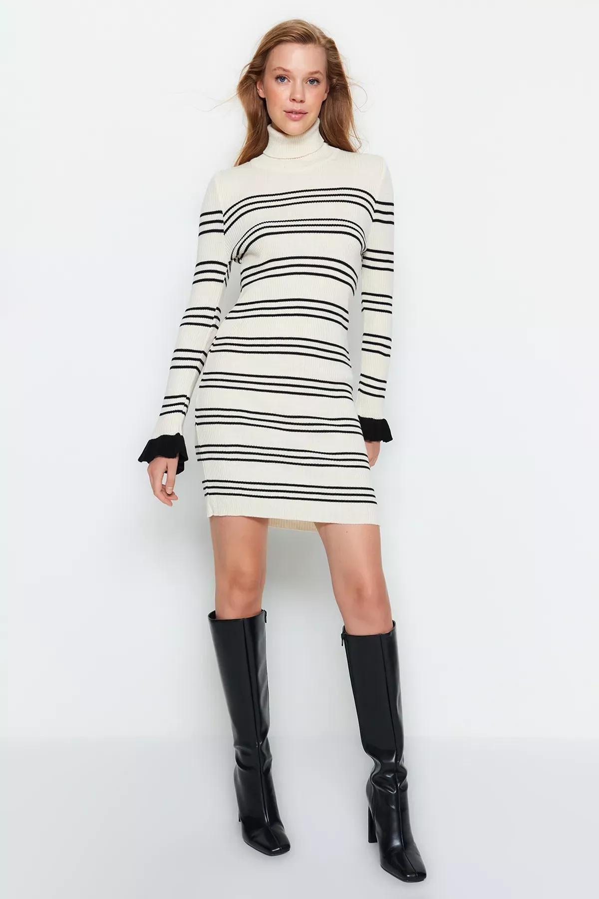 Cream Turtle Neck Sweater Dress, STONE, large image number 0