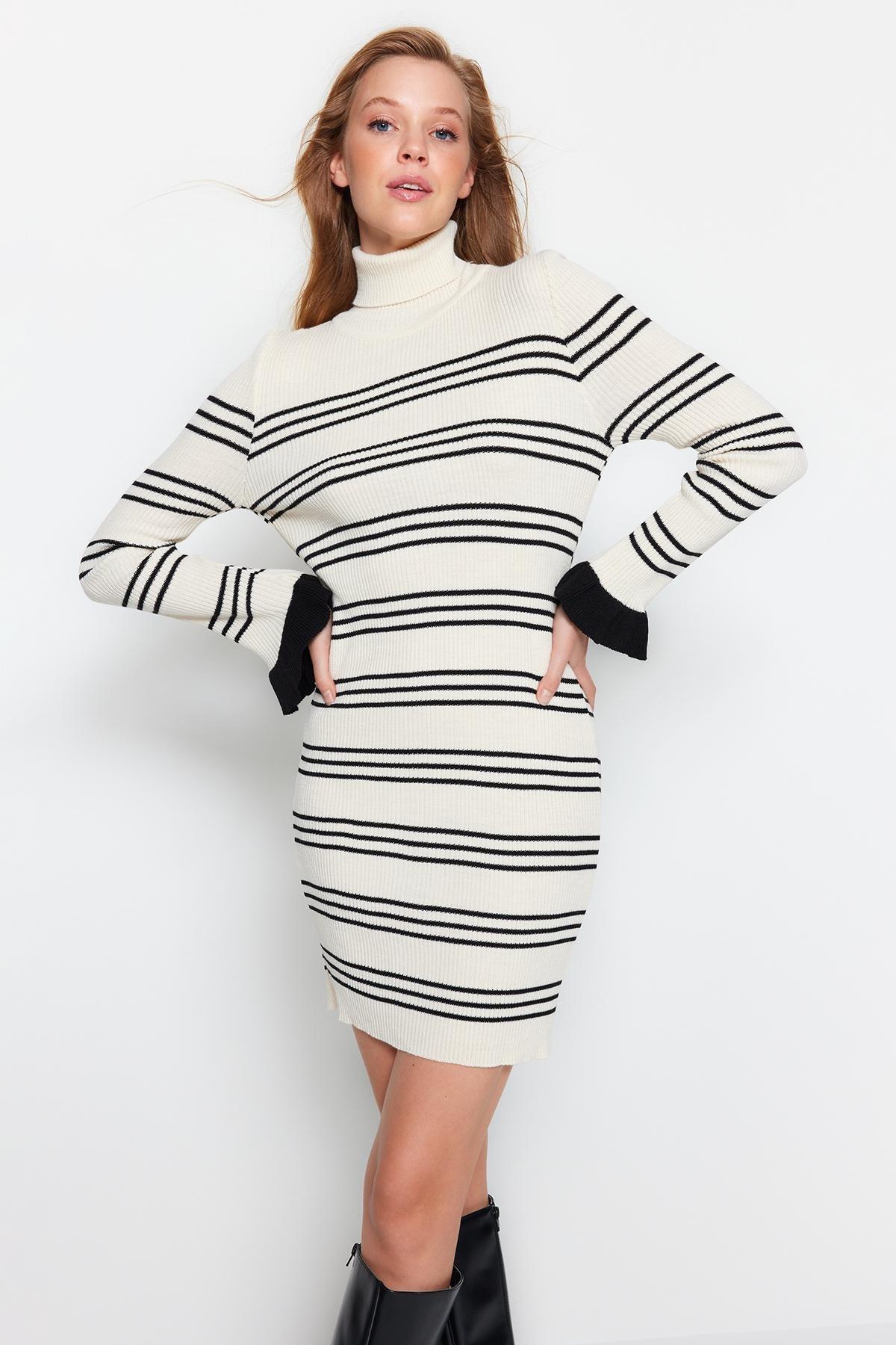 Cream Turtle Neck Sweater Dress, STONE, large image number 1