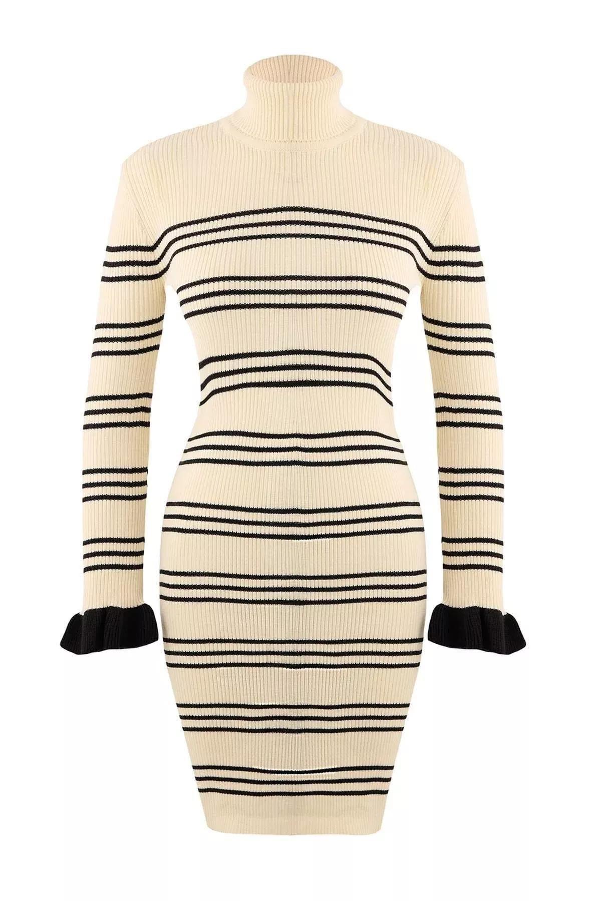 Cream Turtle Neck Sweater Dress, STONE, large image number 5