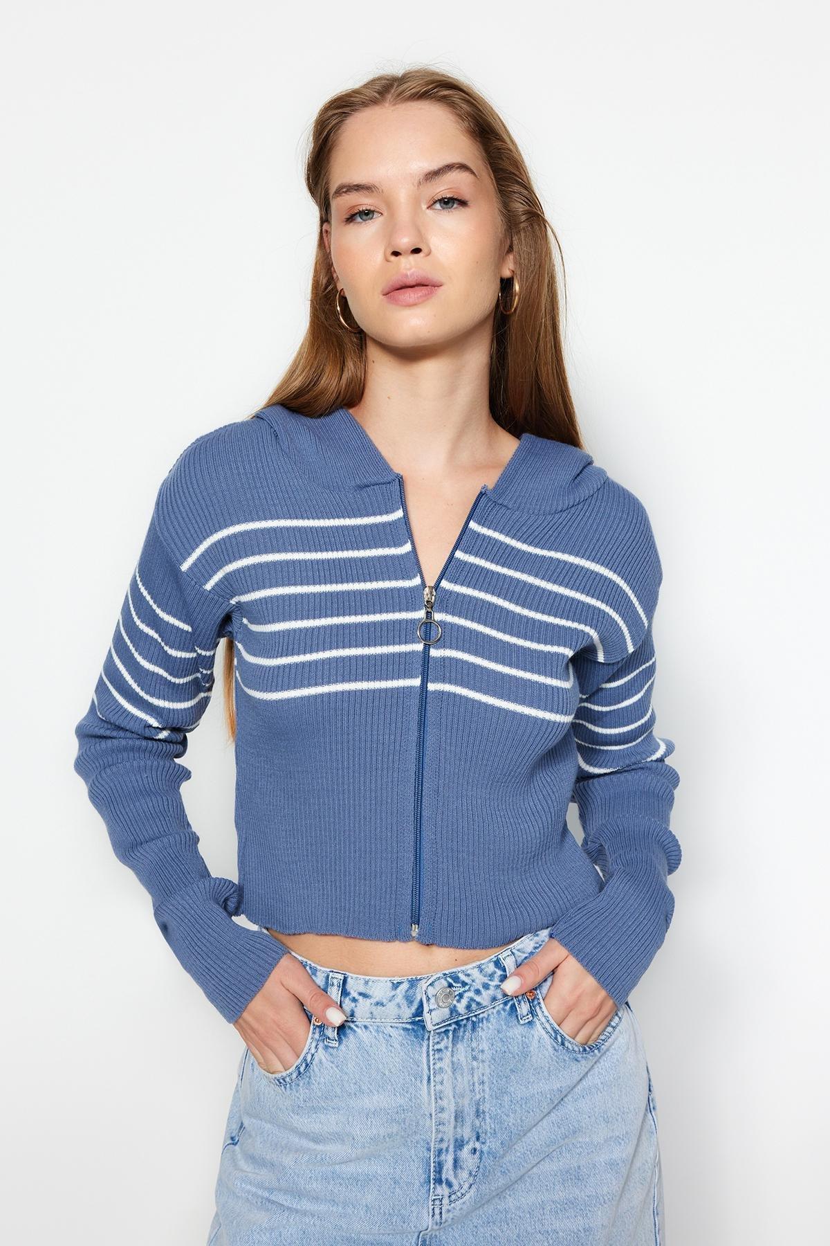Blue Cropped Hooded Knitted Cardigan, Indigo, large image number 0