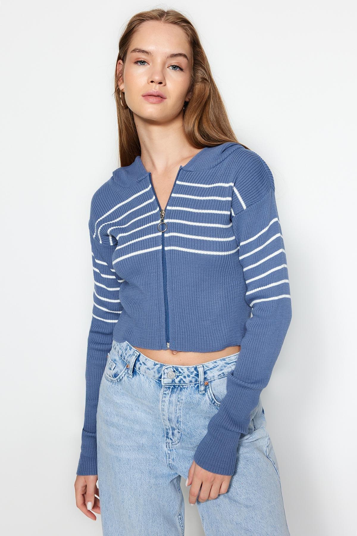 Blue Cropped Hooded Knitted Cardigan, Indigo, large image number 1