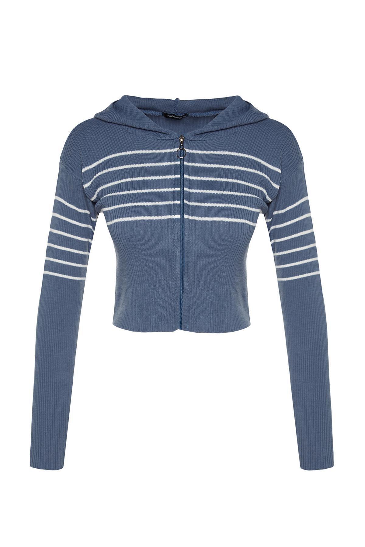 Blue Cropped Hooded Knitted Cardigan, Indigo, large image number 5