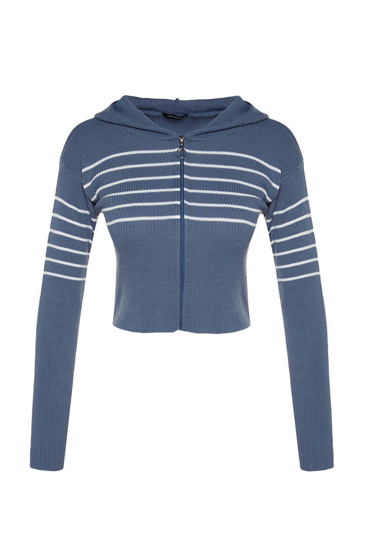 Trendyol - Blue Cropped Hooded Knitted Cardigan