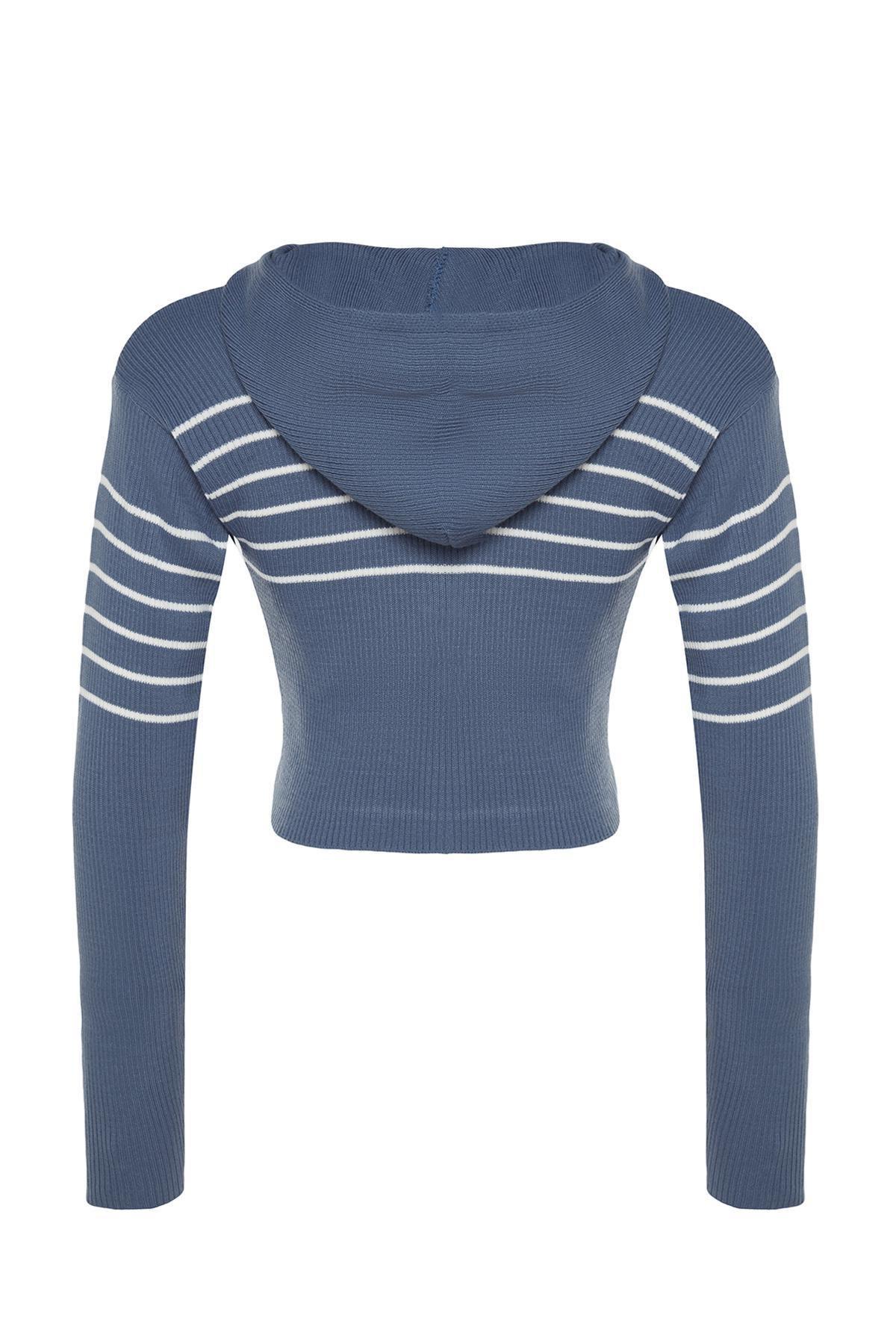 Blue Cropped Hooded Knitted Cardigan, Indigo, large image number 7
