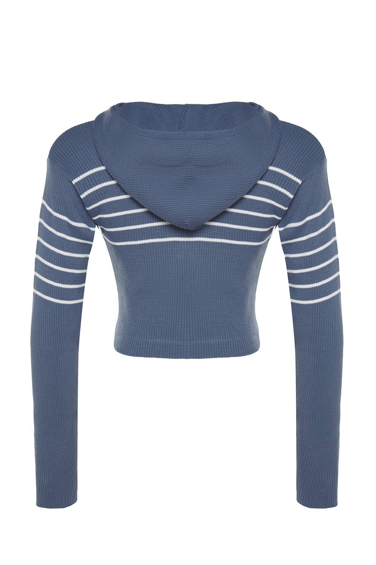 Trendyol - Blue Cropped Hooded Knitted Cardigan