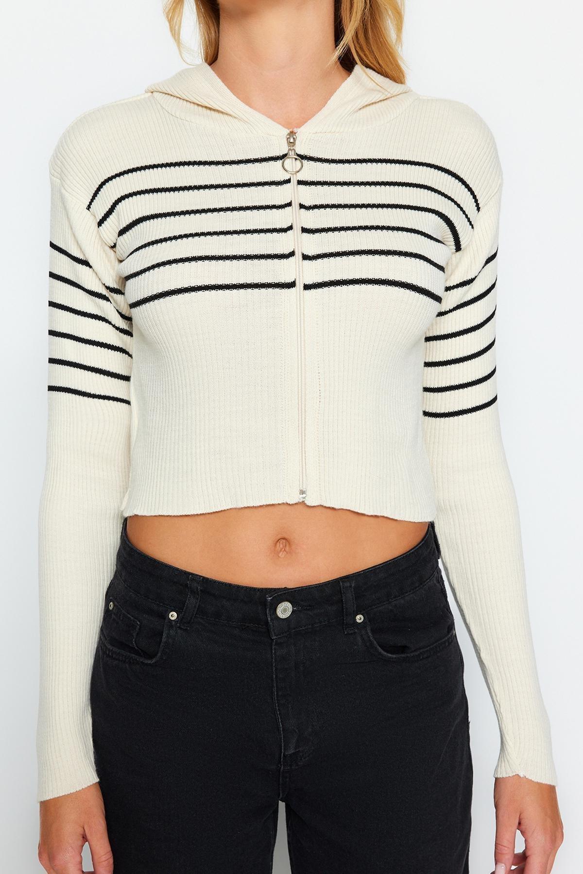 Beige Cropped Hooded Knitted Cardigan, STONE, large image number 3