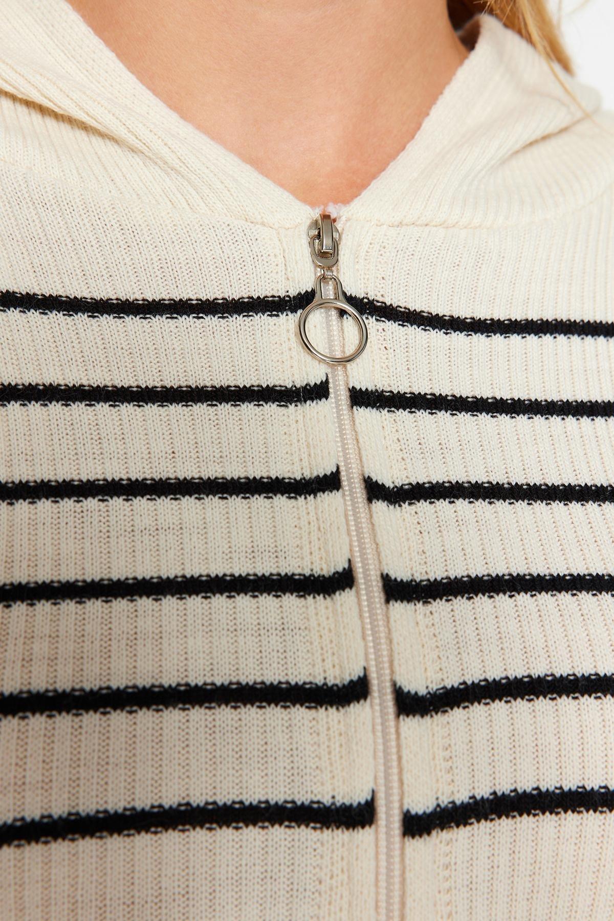Beige Cropped Hooded Knitted Cardigan, STONE, large image number 4