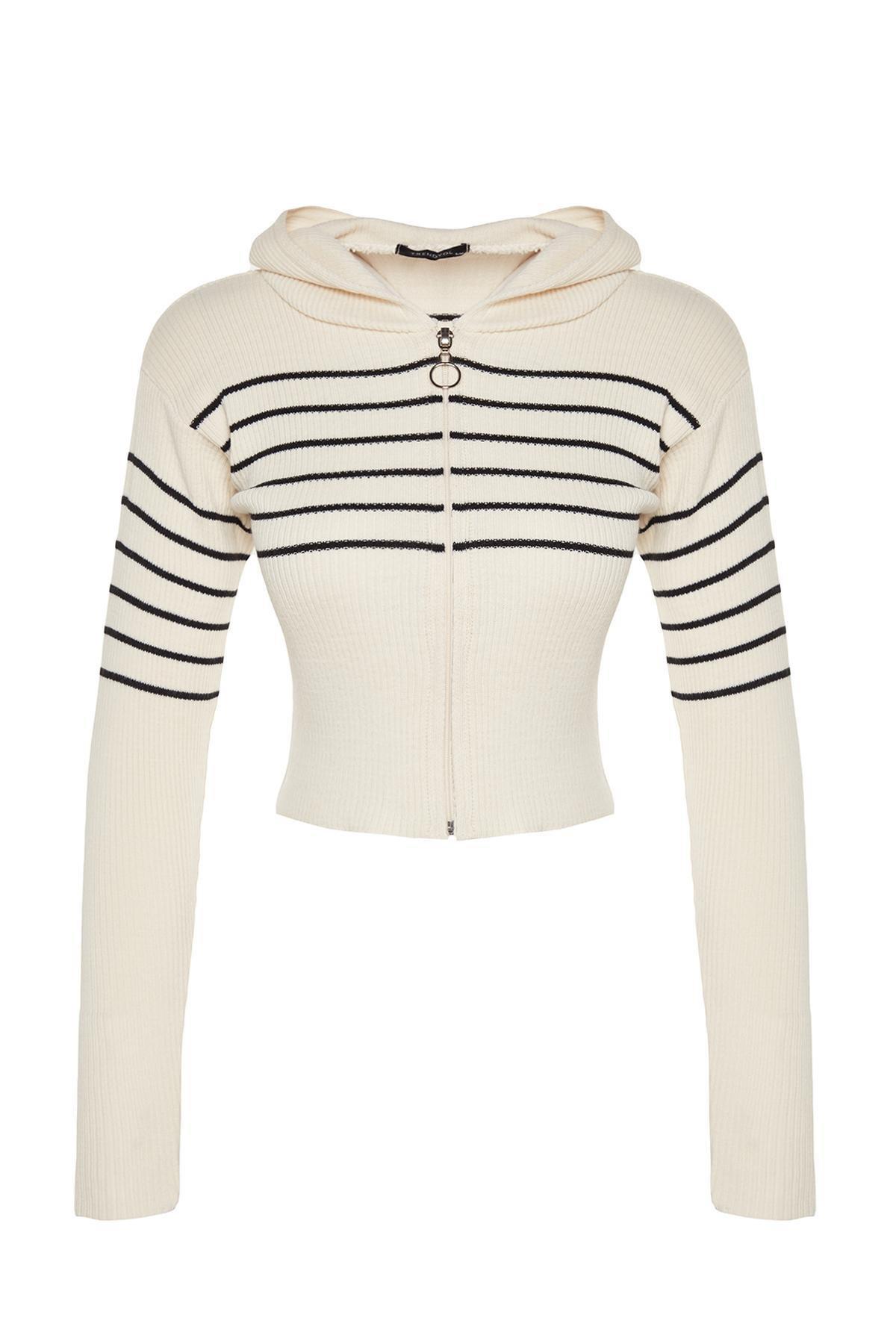 Beige Cropped Hooded Knitted Cardigan, STONE, large image number 5