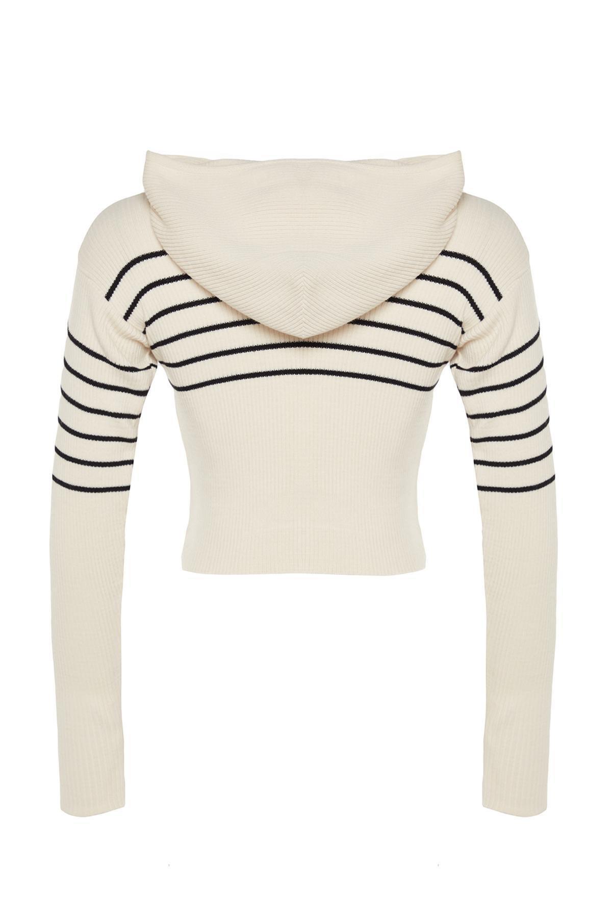 Beige Cropped Hooded Knitted Cardigan, STONE, large image number 6