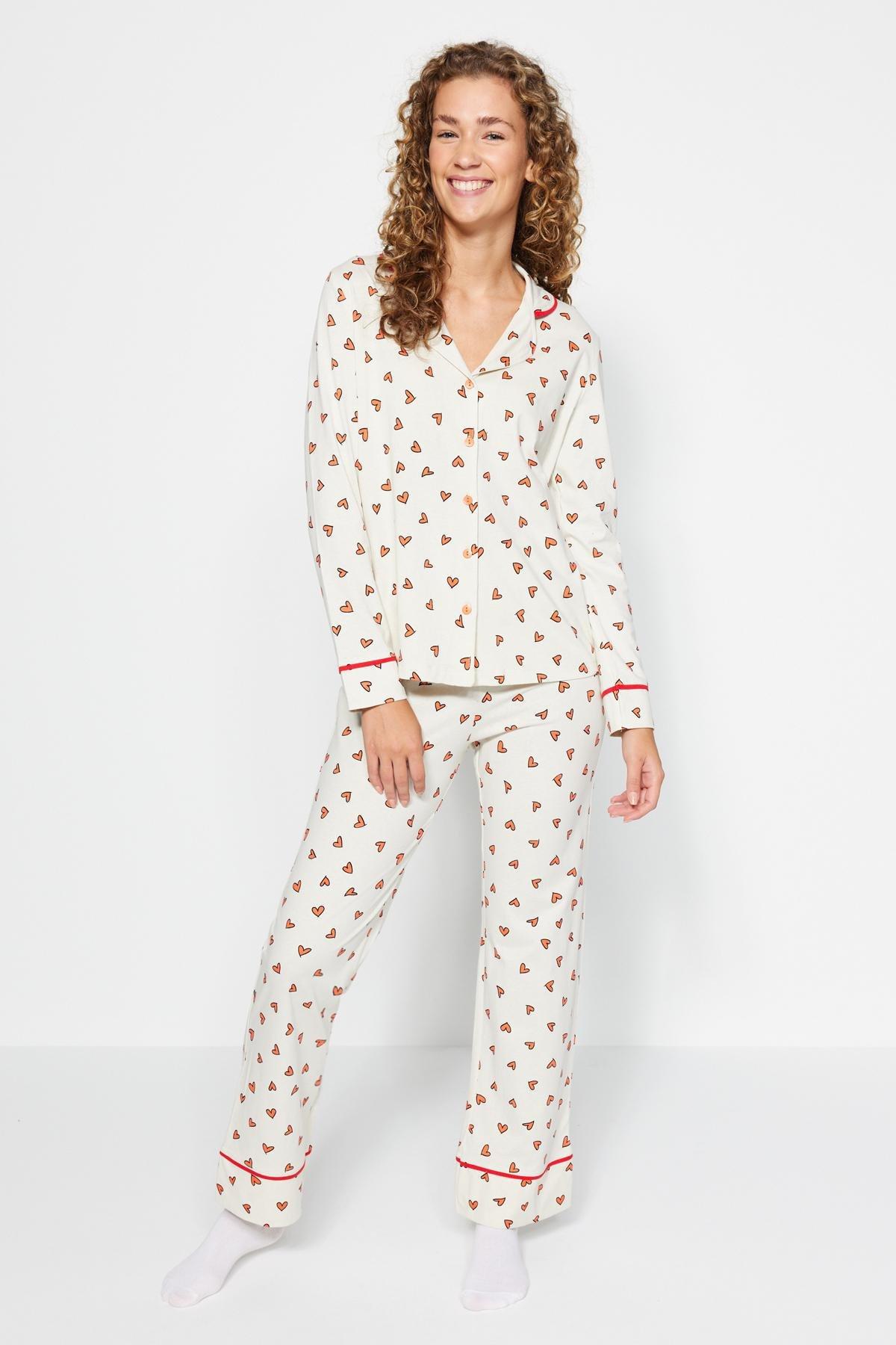Beige Heart Patterned Knitted Pyjamas Set, , large image number 0
