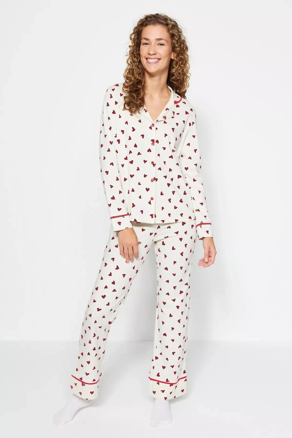 Beige Heart Patterned Knitted Pyjamas Set, , large image number 1