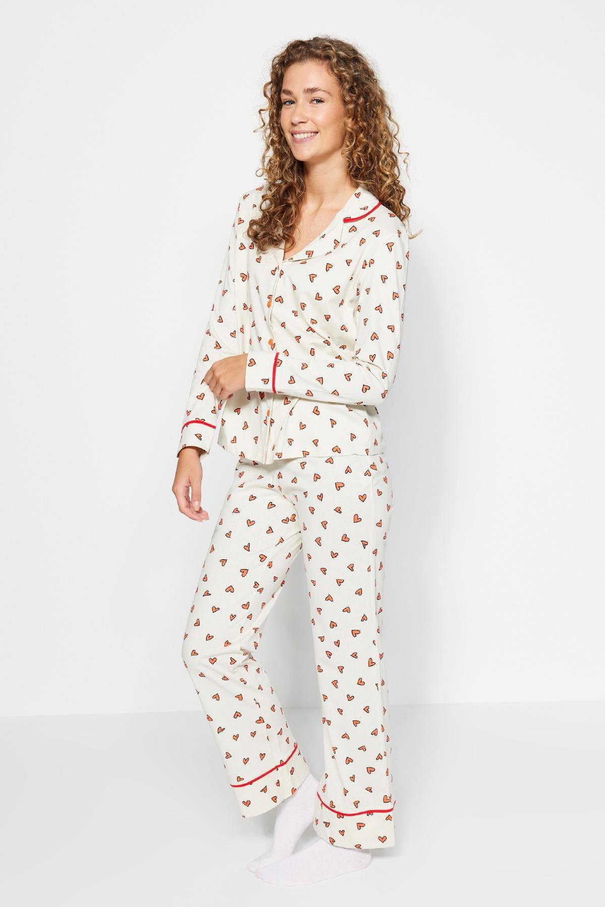 Beige Heart Patterned Knitted Pyjamas Set, , large image number 2