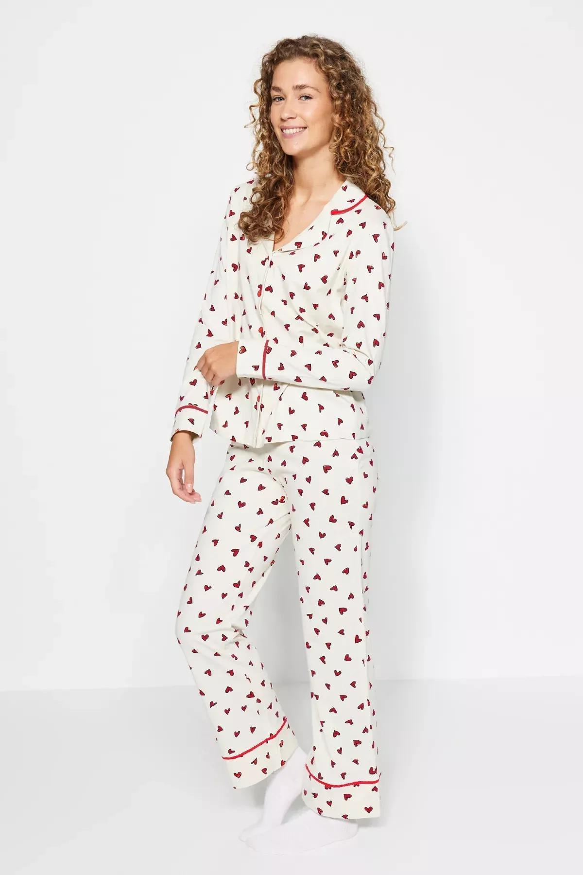 Beige Heart Patterned Knitted Pyjamas Set, , large image number 3