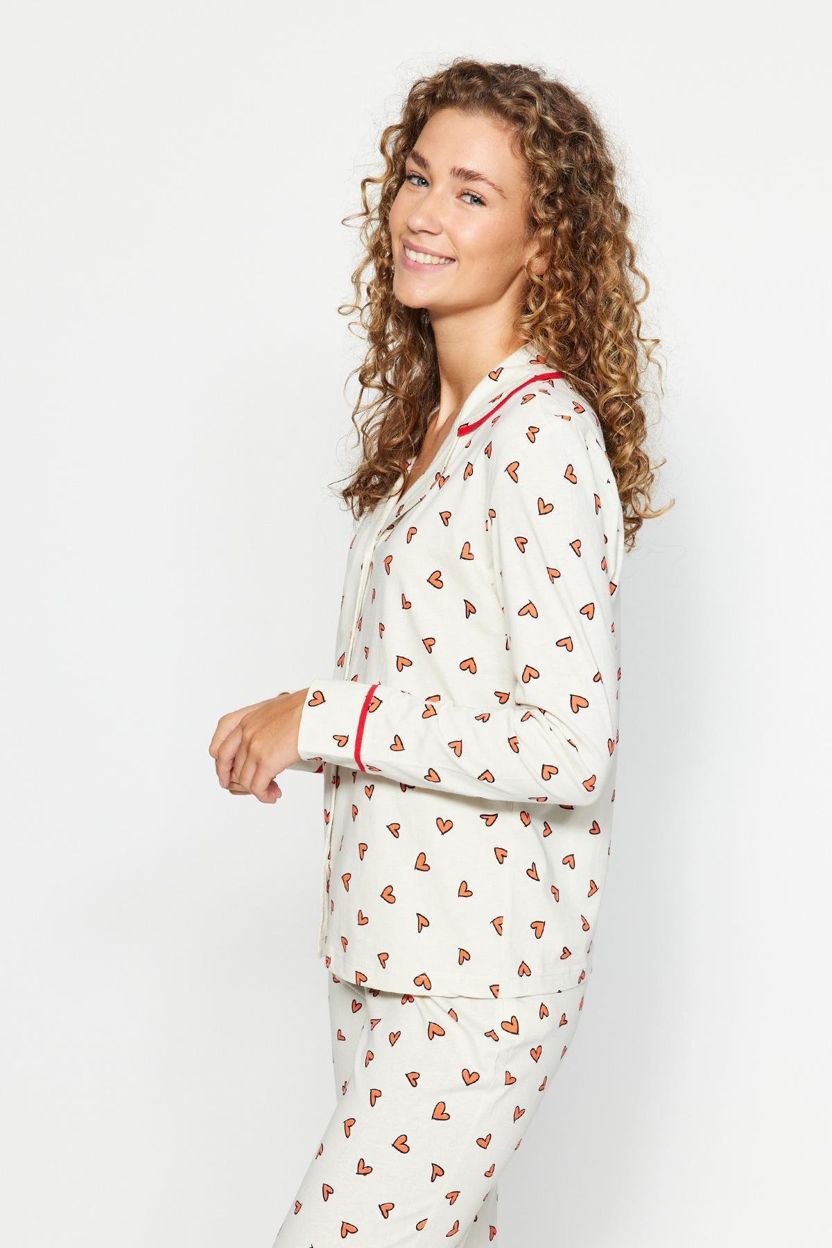 Beige Heart Patterned Knitted Pyjamas Set, , large image number 4
