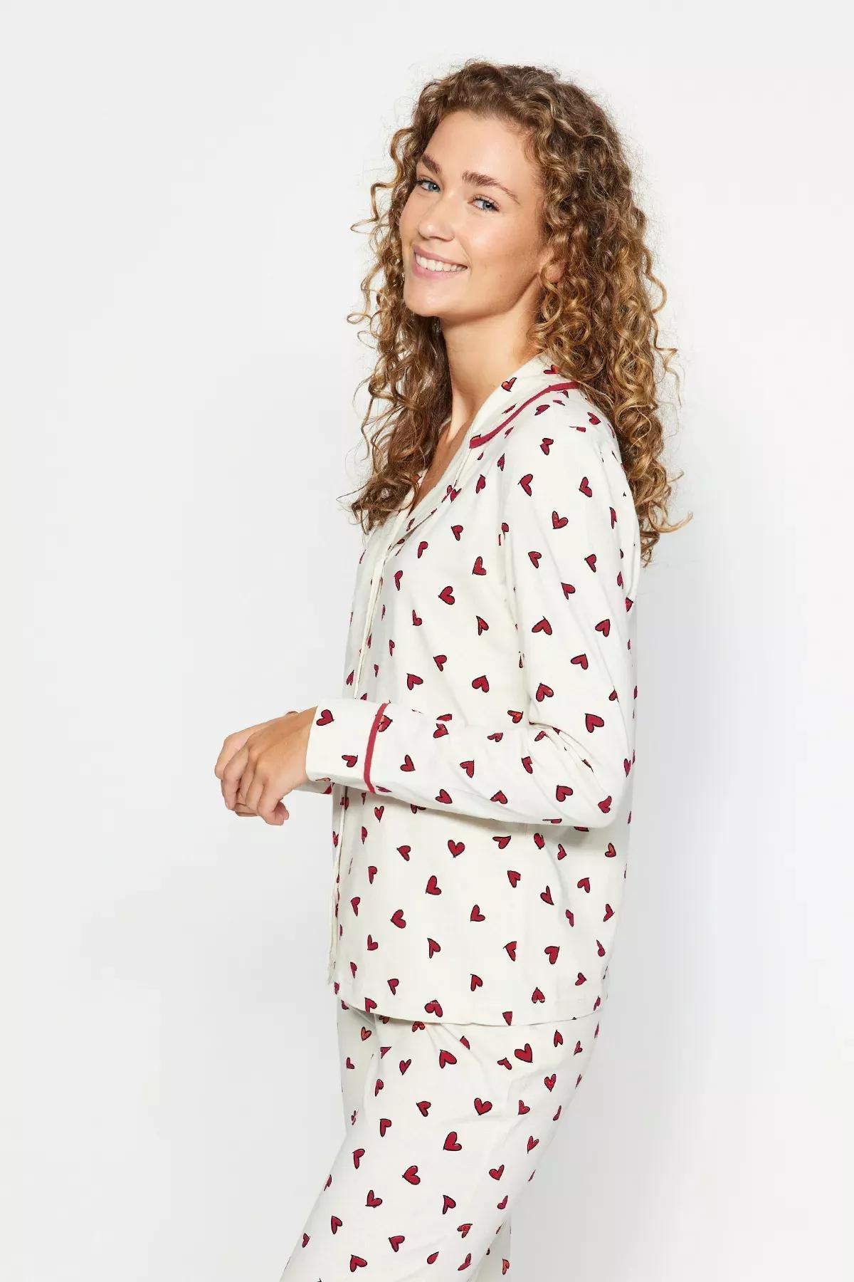 Beige Heart Patterned Knitted Pyjamas Set, , large image number 5