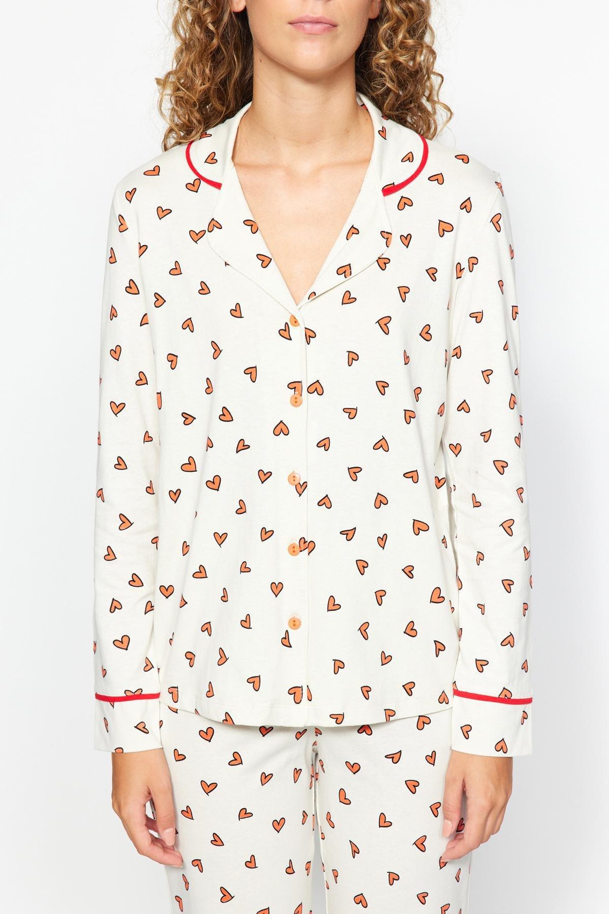 Beige Heart Patterned Knitted Pyjamas Set, , large image number 6