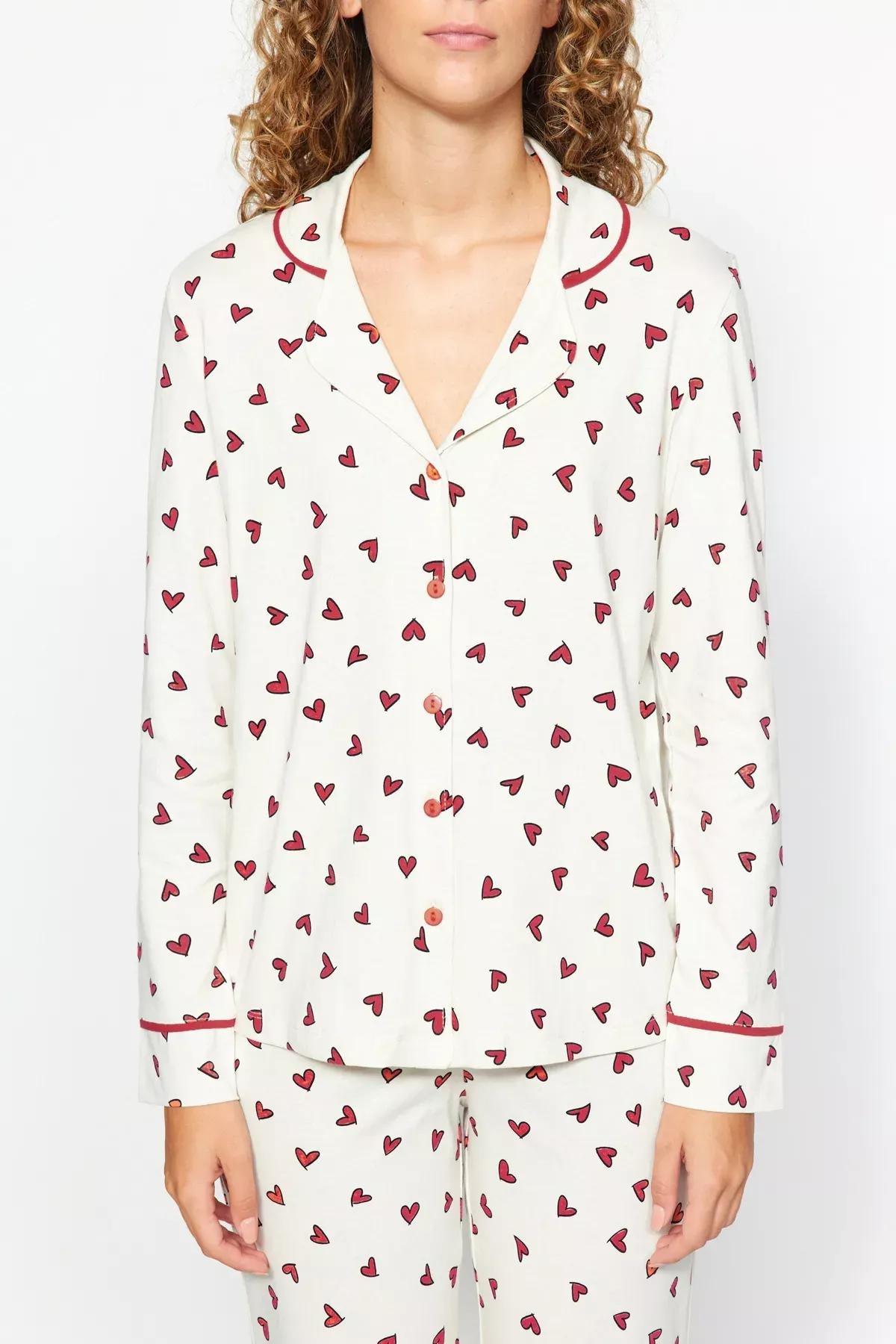 Beige Heart Patterned Knitted Pyjamas Set, , large image number 7
