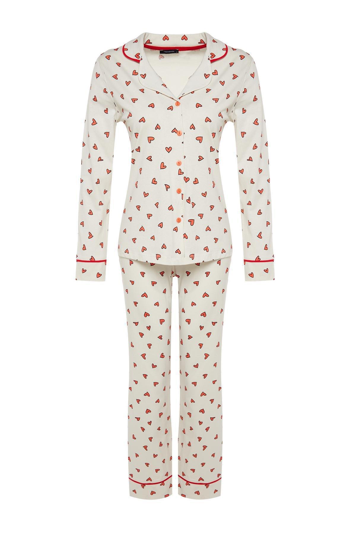 Beige Heart Patterned Knitted Pyjamas Set, , large image number 12