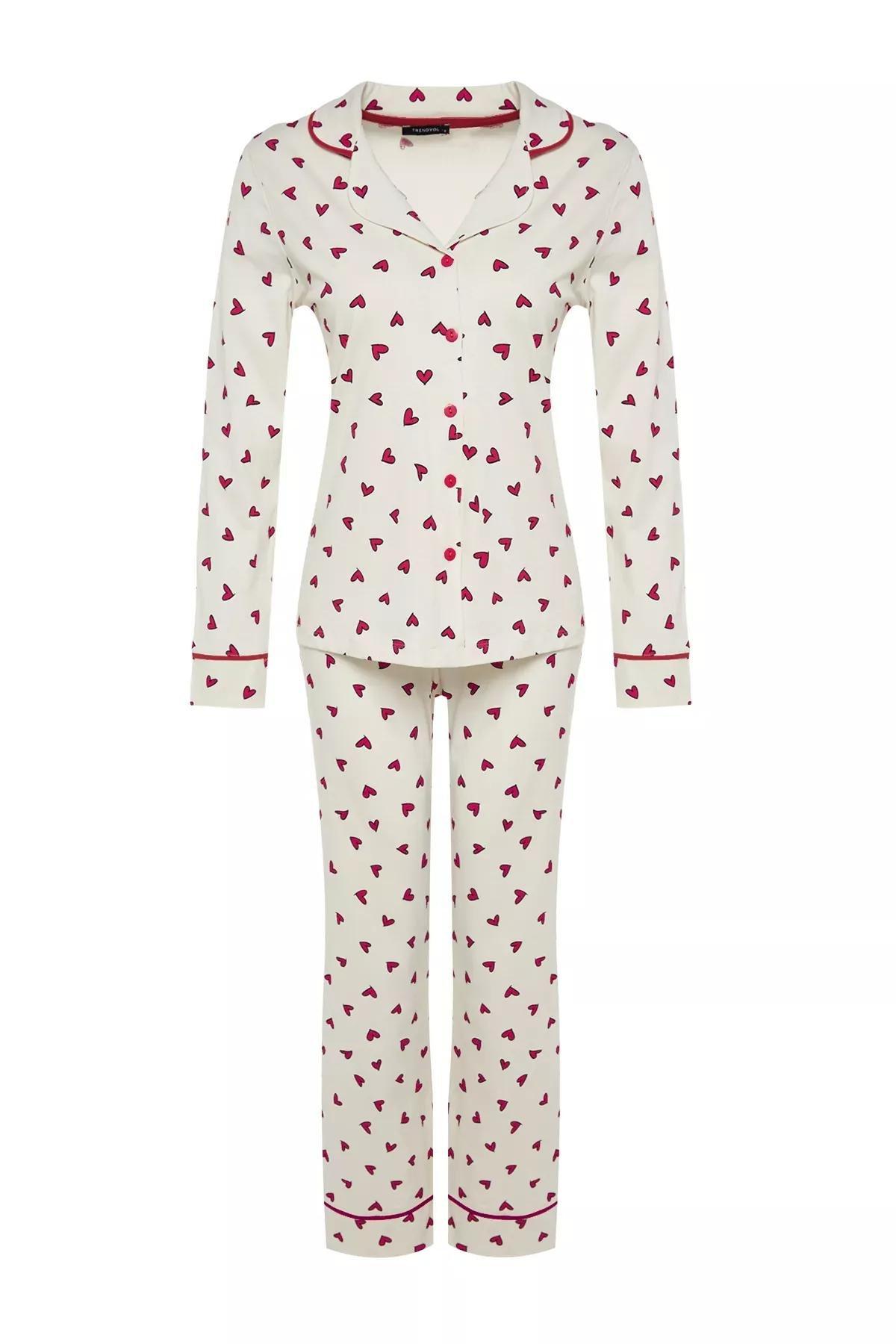 Beige Heart Patterned Knitted Pyjamas Set, , large image number 13