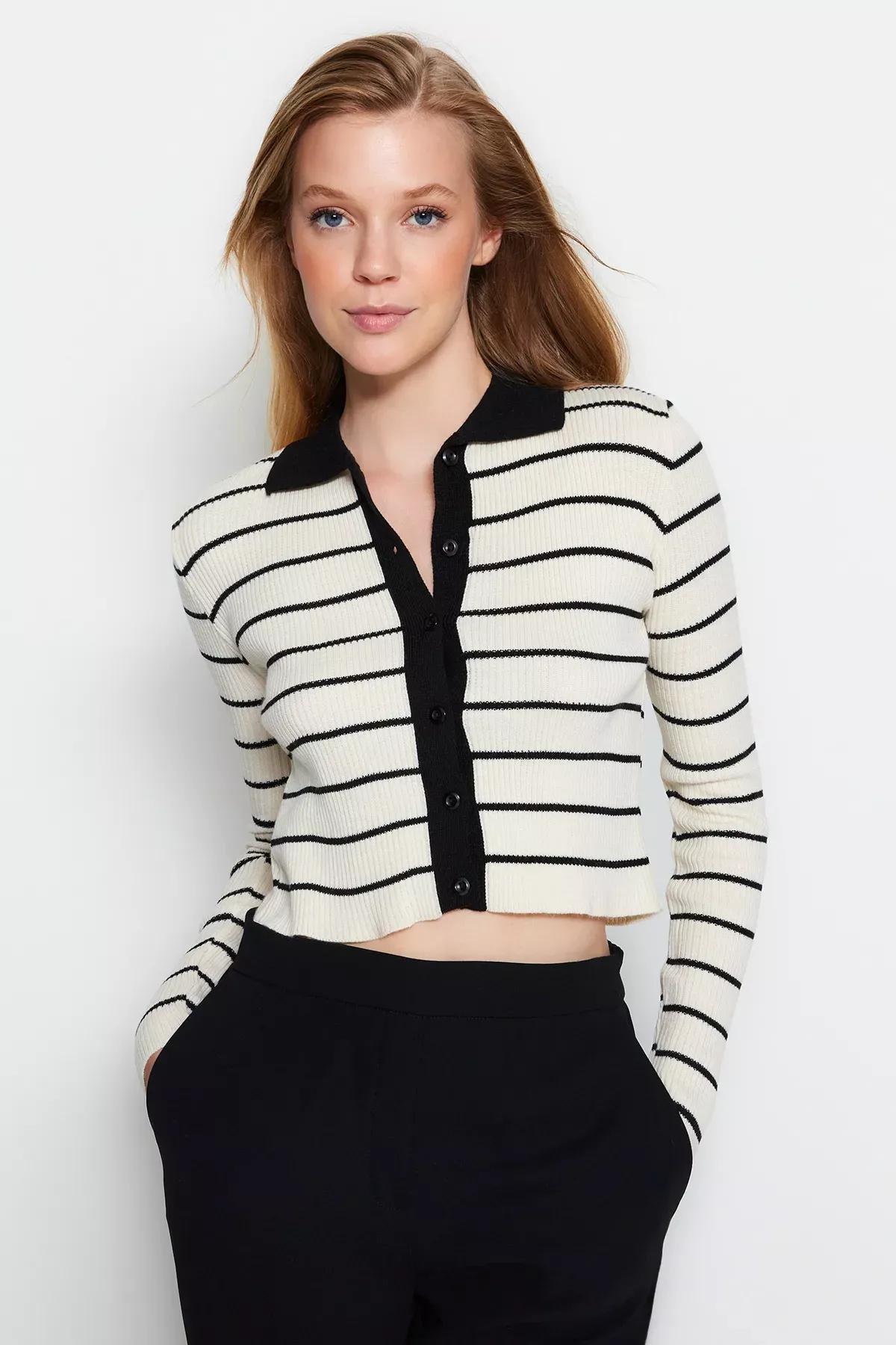 Black Striped Knitwear Cardigan, BLACK, large image number 0