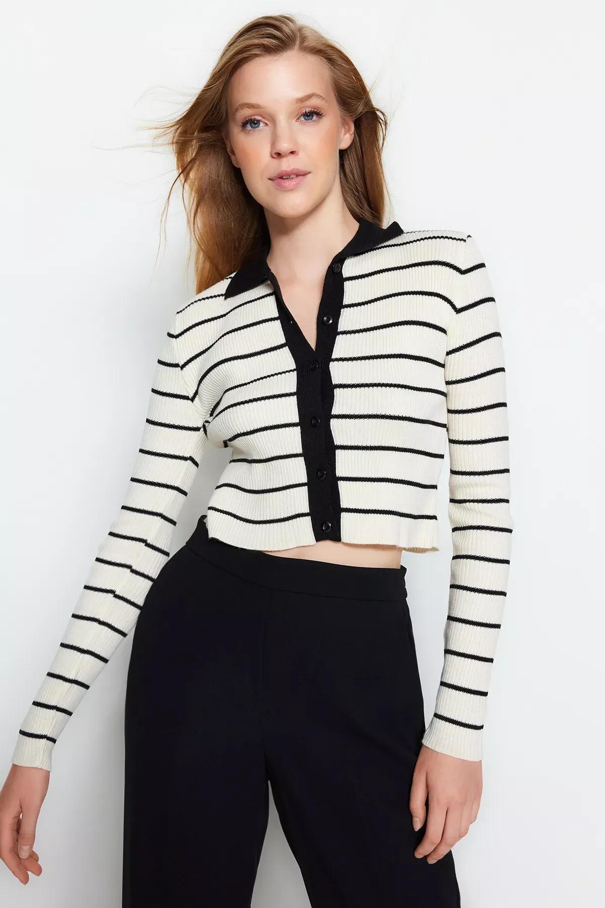 Black Striped Knitwear Cardigan, BLACK, large image number 1