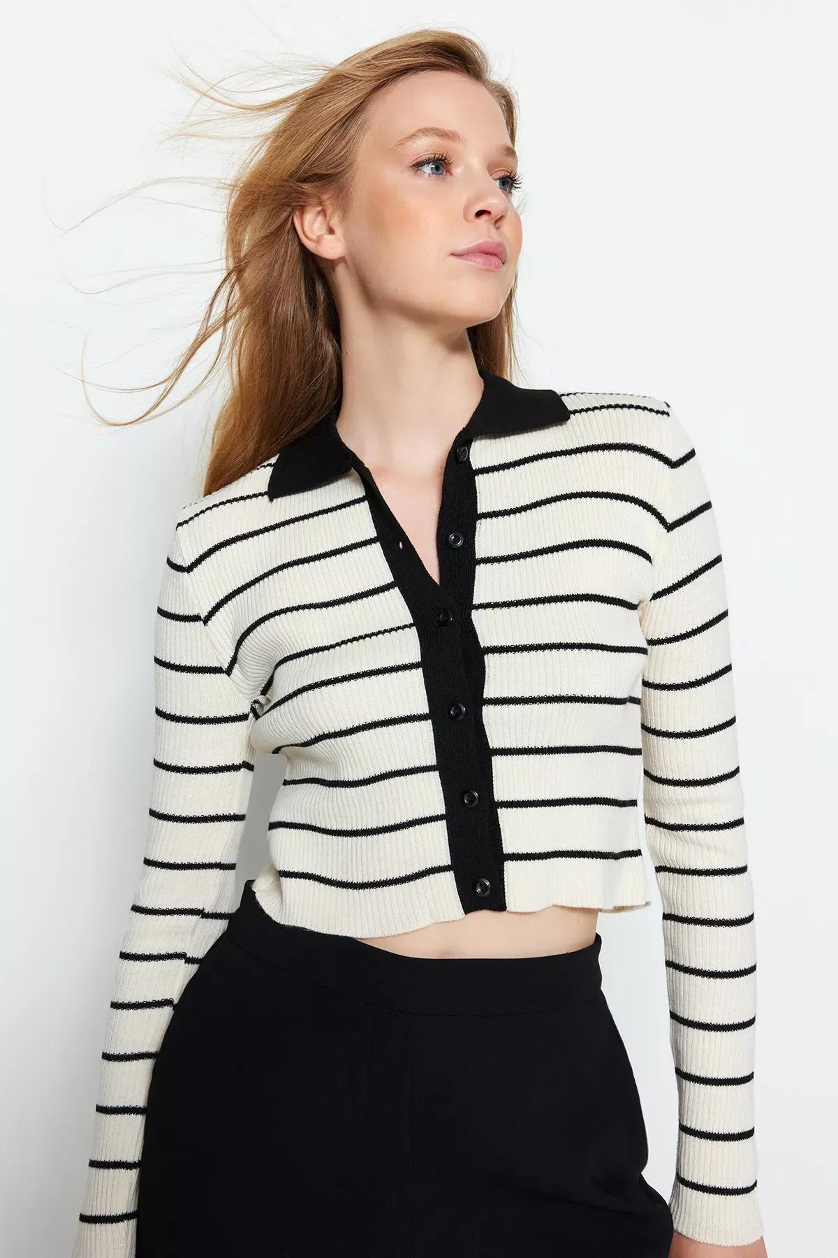 Black Striped Knitwear Cardigan, BLACK, large image number 2