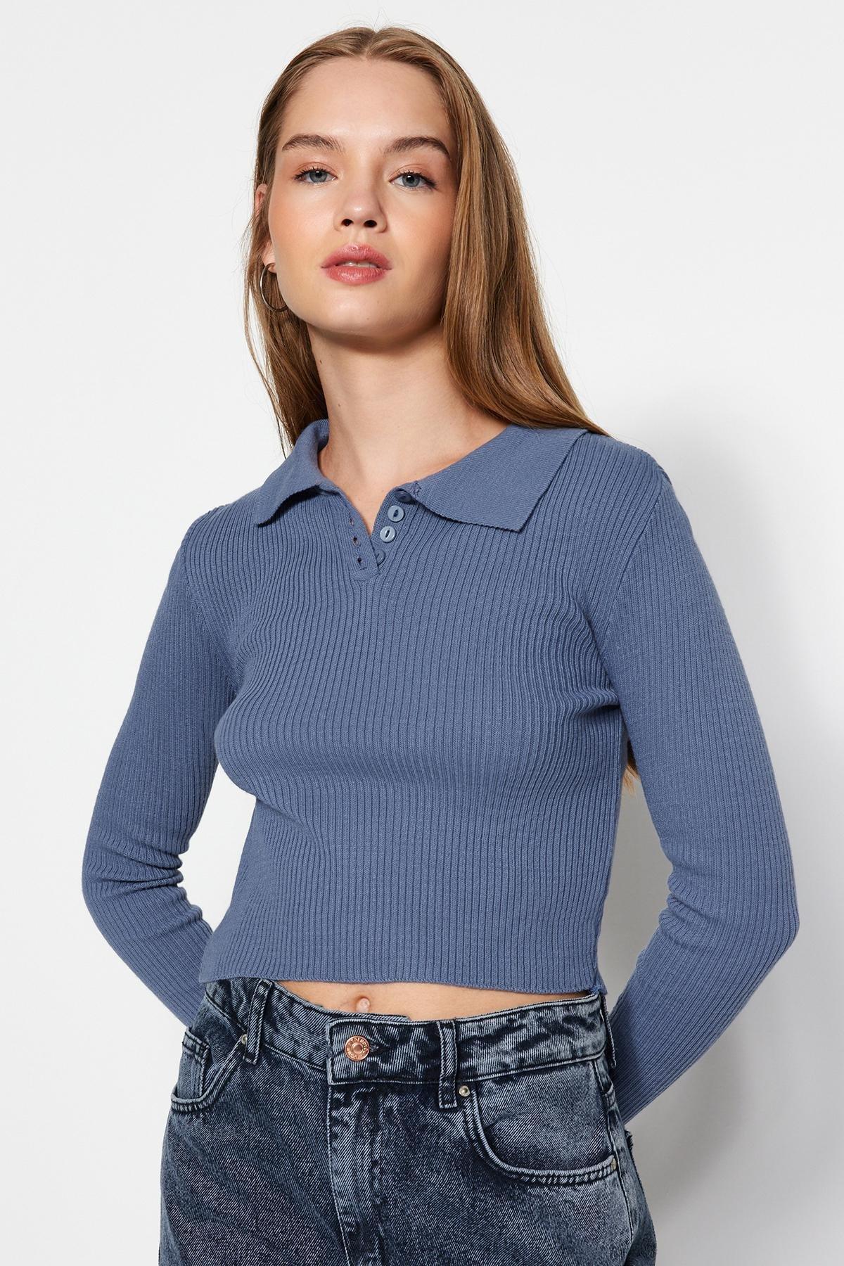 Blue Cropped Polo Collar Knitted Sweater, , large image number 0