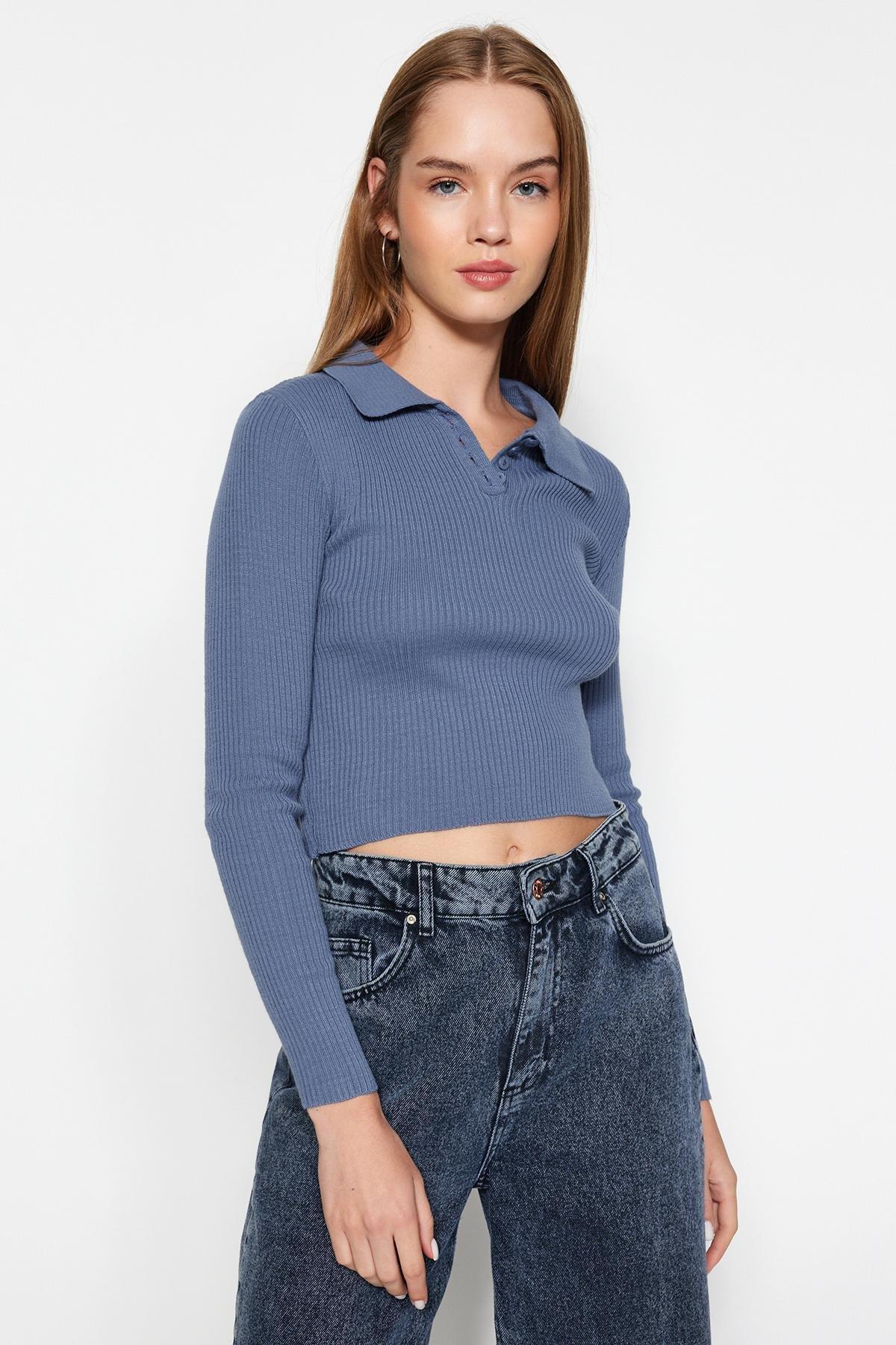 Blue Cropped Polo Collar Knitted Sweater, , large image number 1