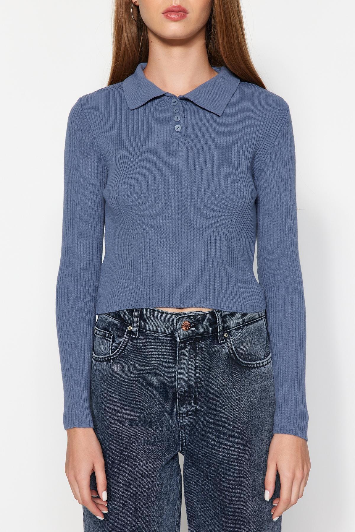 Trendyol - Blue Cropped Polo Collar Knitted Sweater