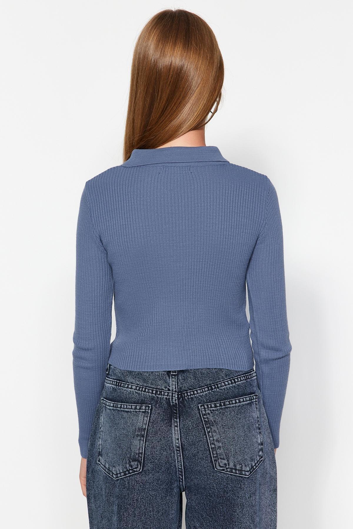 Blue Cropped Polo Collar Knitted Sweater, , large image number 4