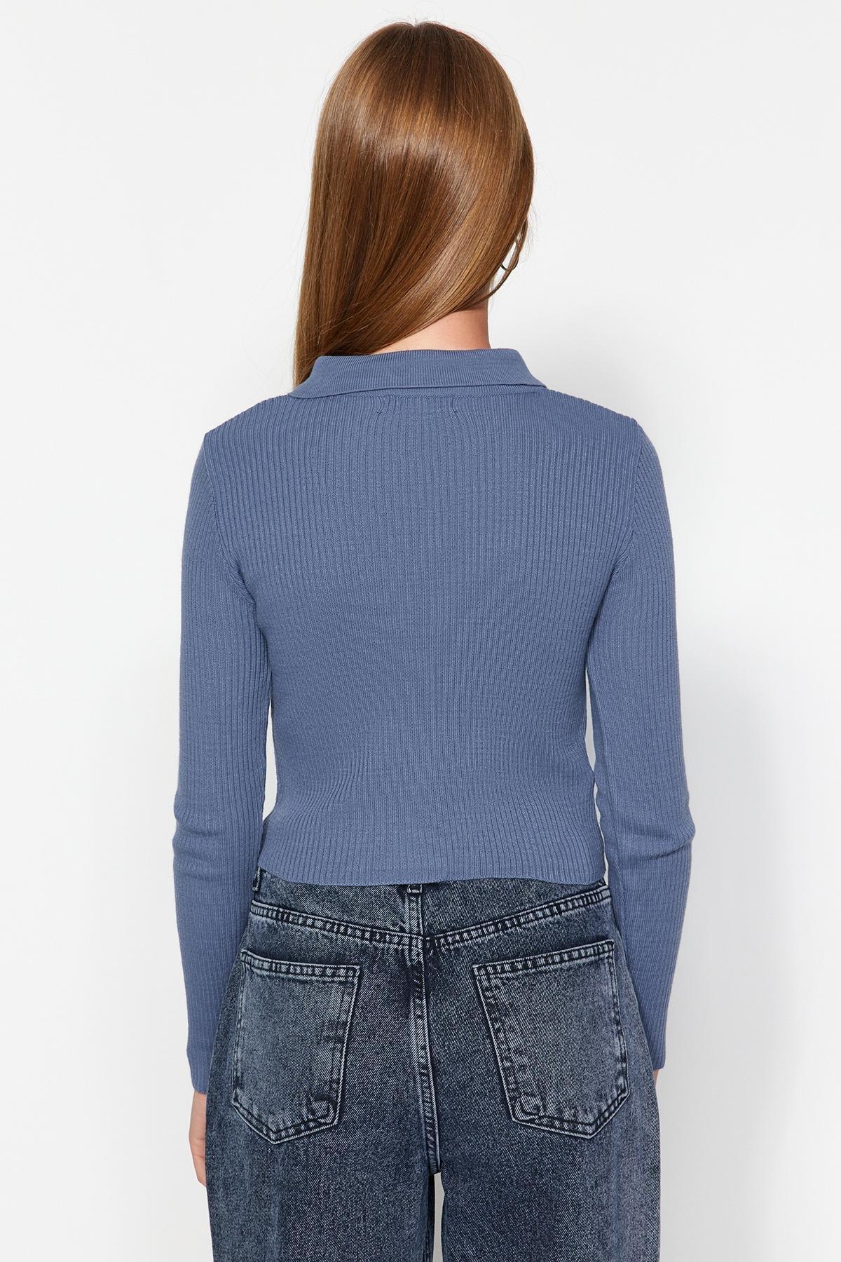 Trendyol - Blue Cropped Polo Collar Knitted Sweater