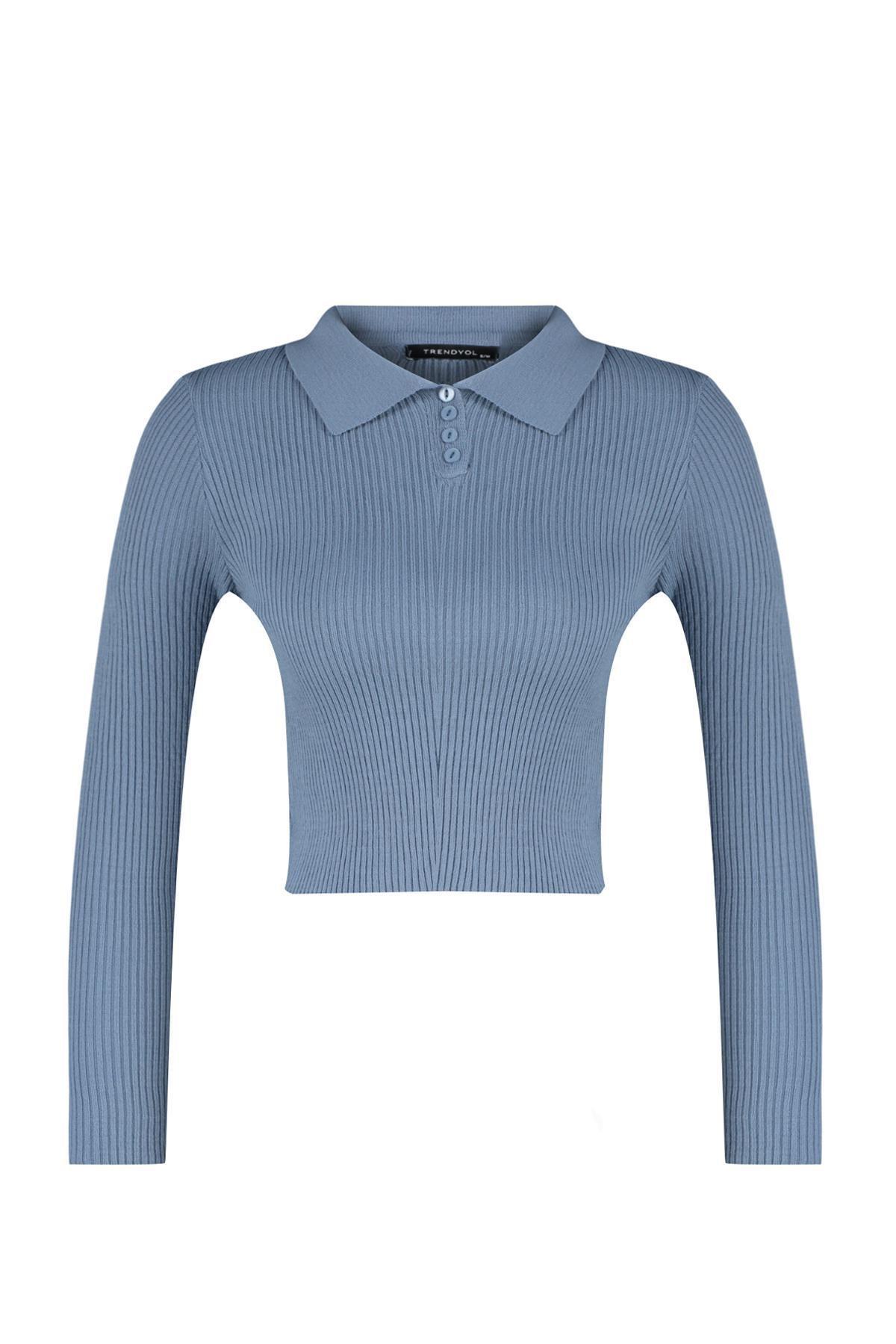 Trendyol - Blue Cropped Polo Collar Knitted Sweater