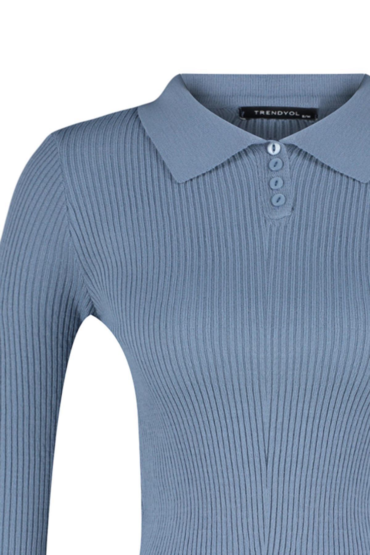 Trendyol - Blue Cropped Polo Collar Knitted Sweater