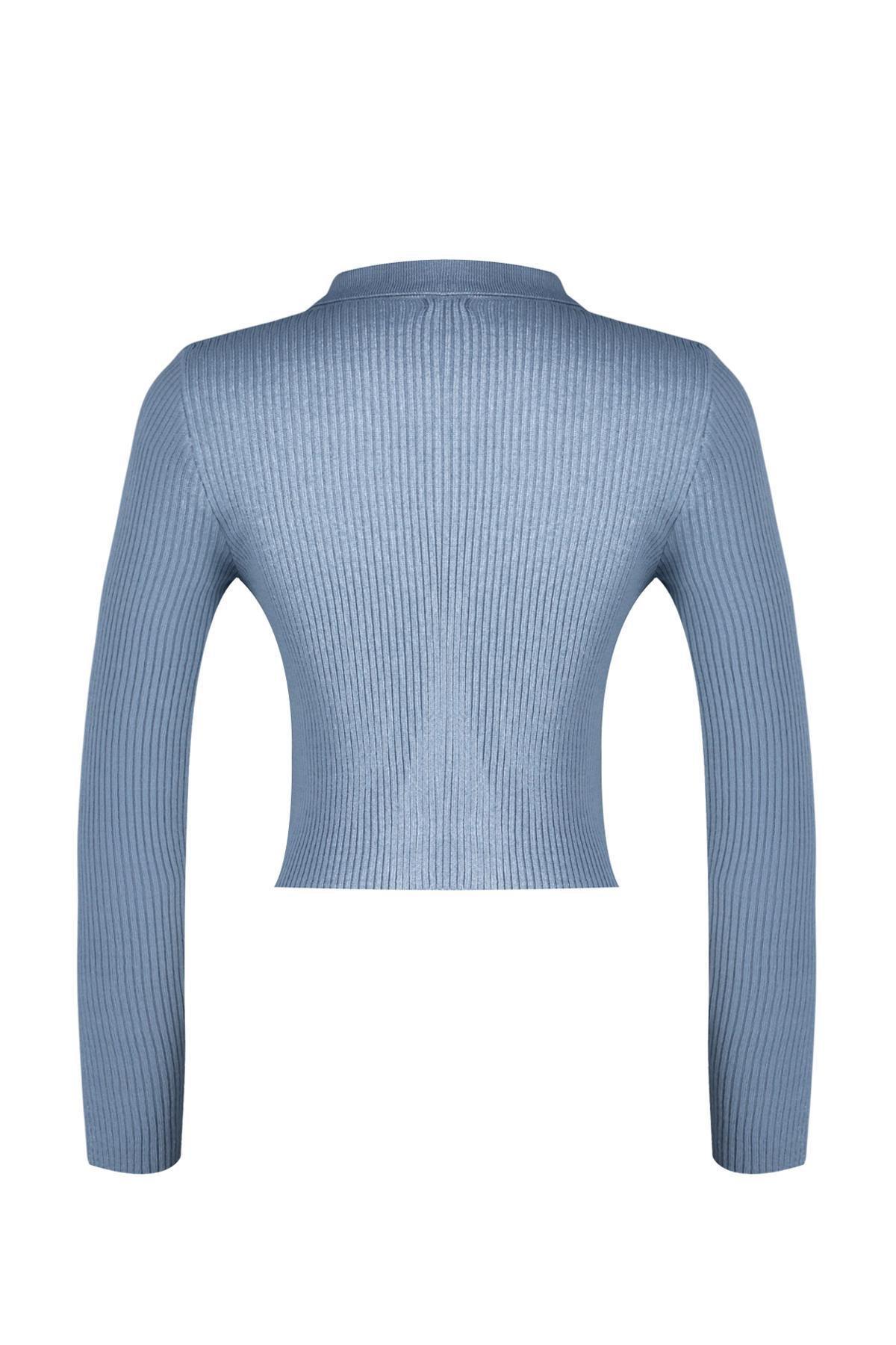 Blue Cropped Polo Collar Knitted Sweater, , large image number 7