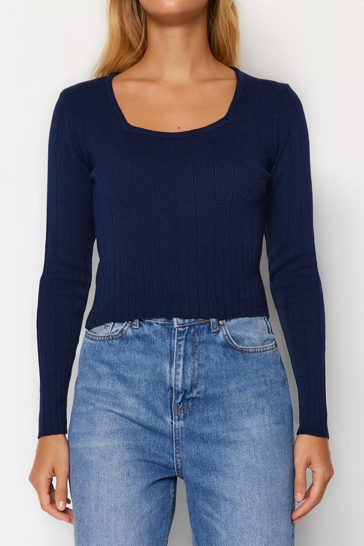 Navy Cropped Knitted Sweater, Navy blue, large image number 4