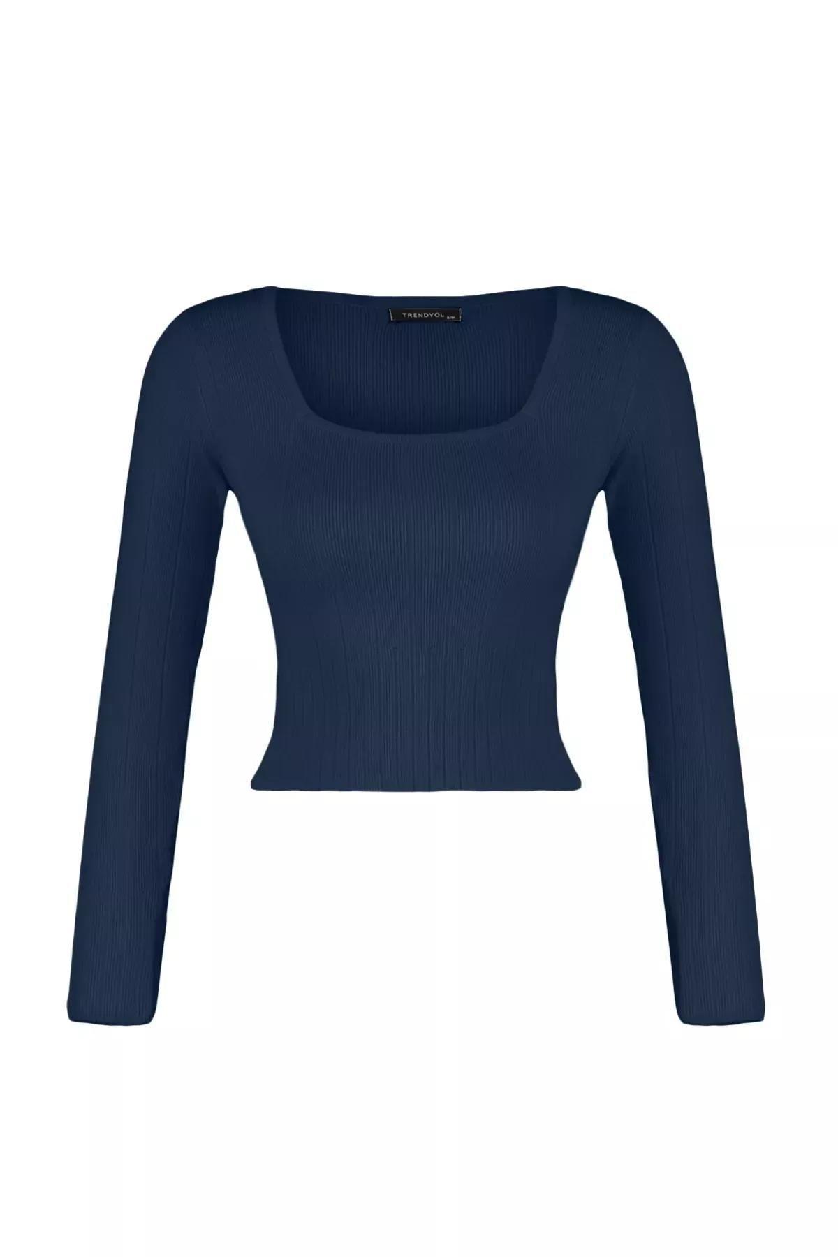 Navy Cropped Knitted Sweater, Navy blue, large image number 5