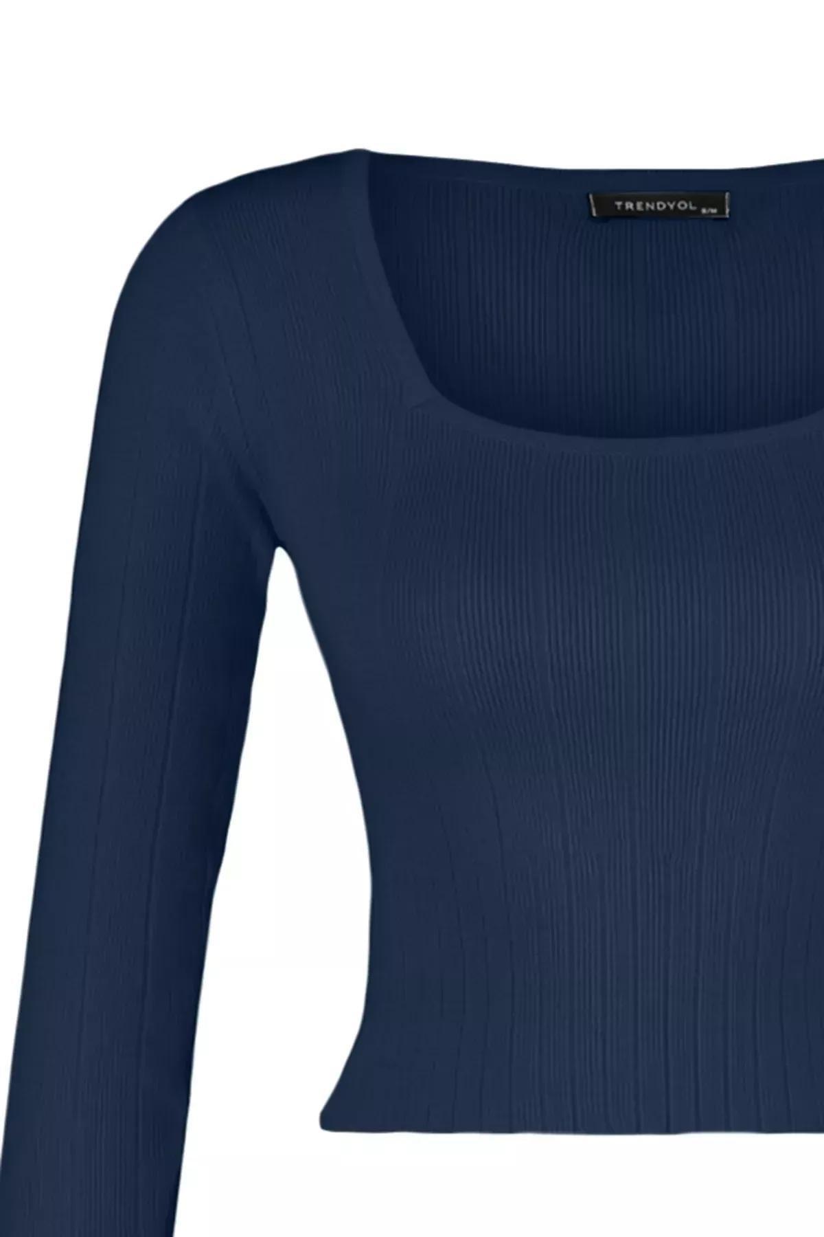 Navy Cropped Knitted Sweater, Navy blue, large image number 7