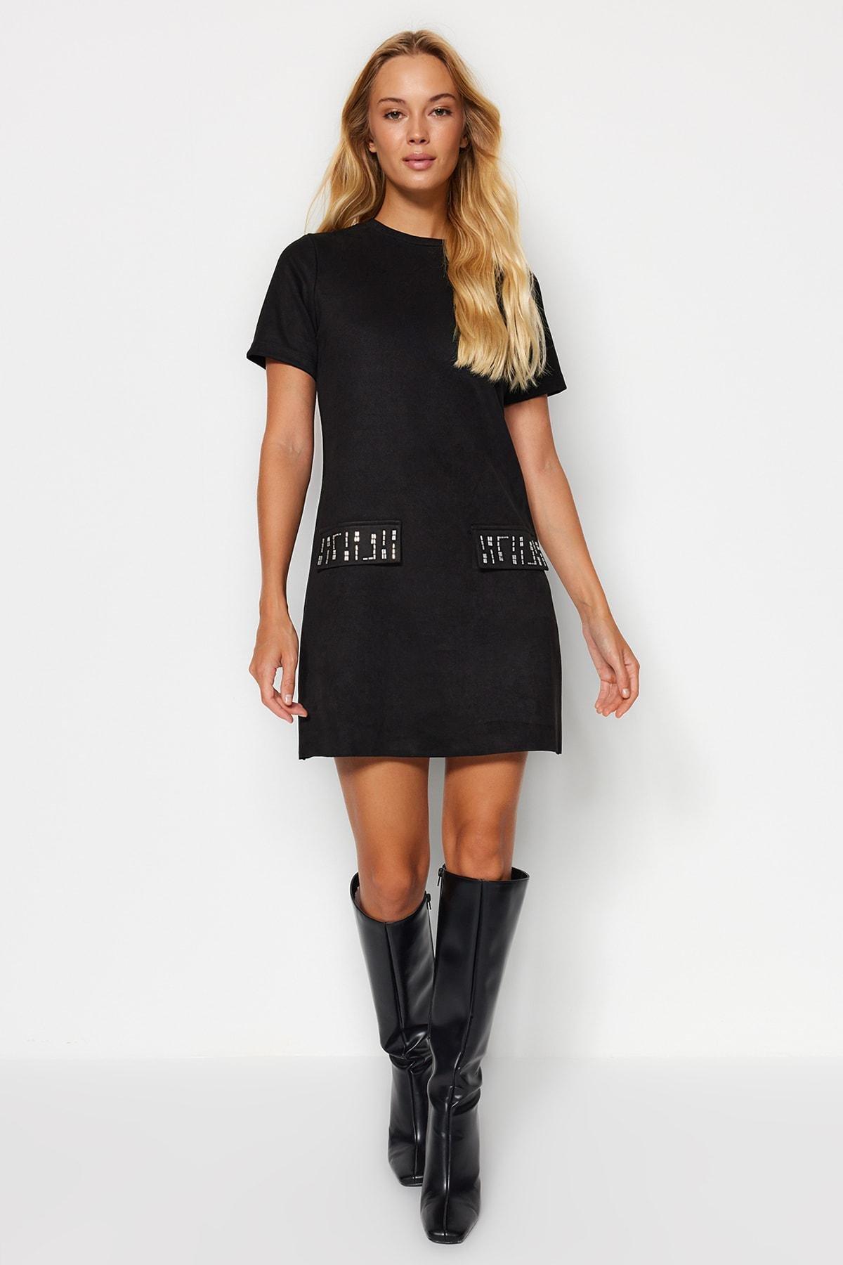 Black Crew Neck Mini Suede Knitted Dress, , large image number 0