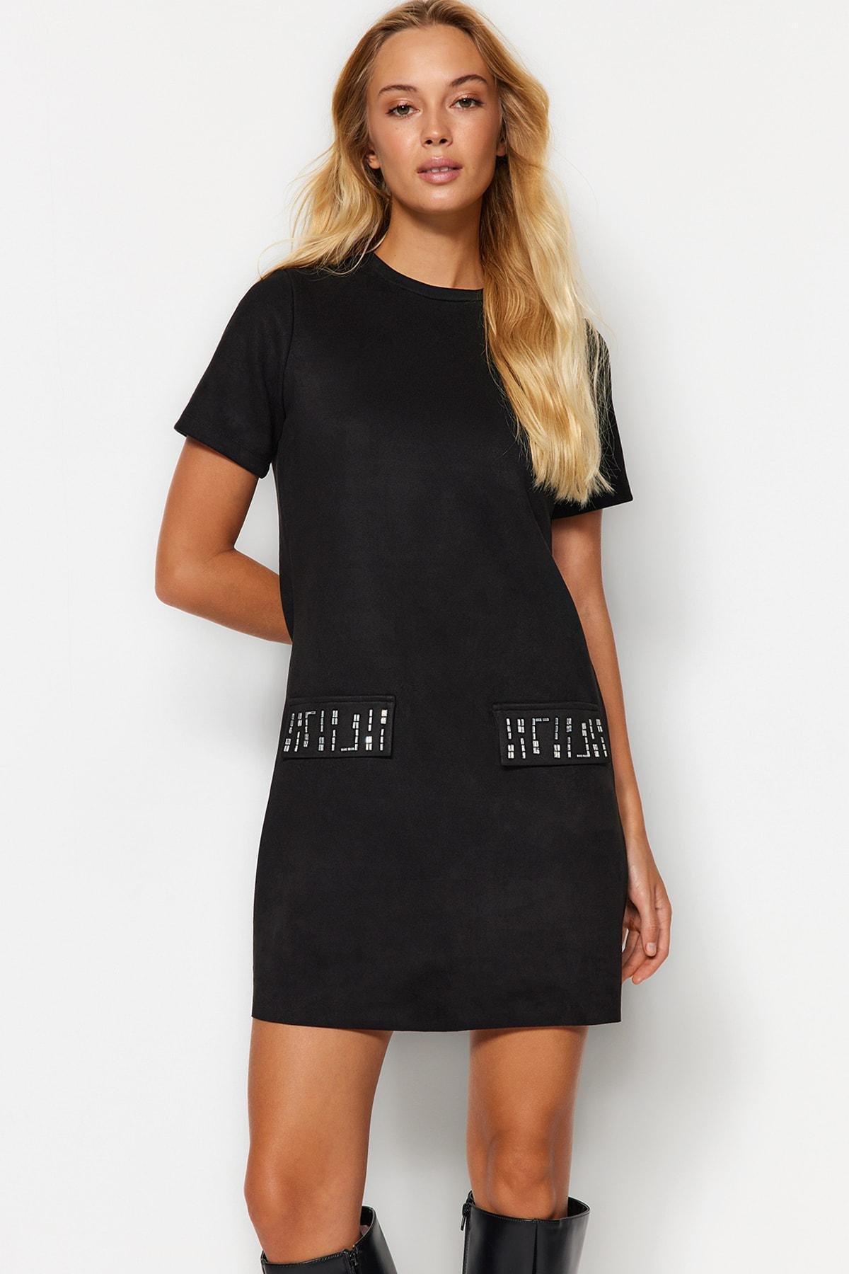 Black Crew Neck Mini Suede Knitted Dress, , large image number 1