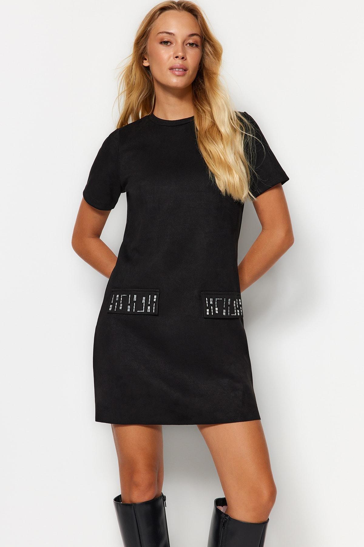 Black Crew Neck Mini Suede Knitted Dress, , large image number 2