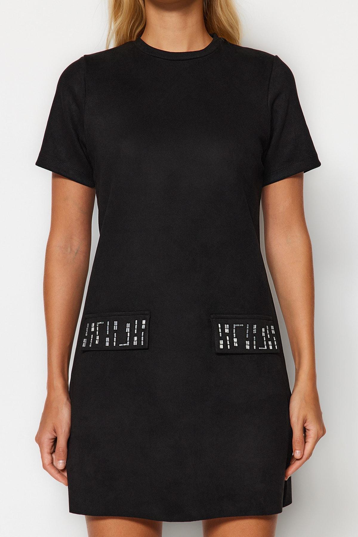 Black Crew Neck Mini Suede Knitted Dress, , large image number 3