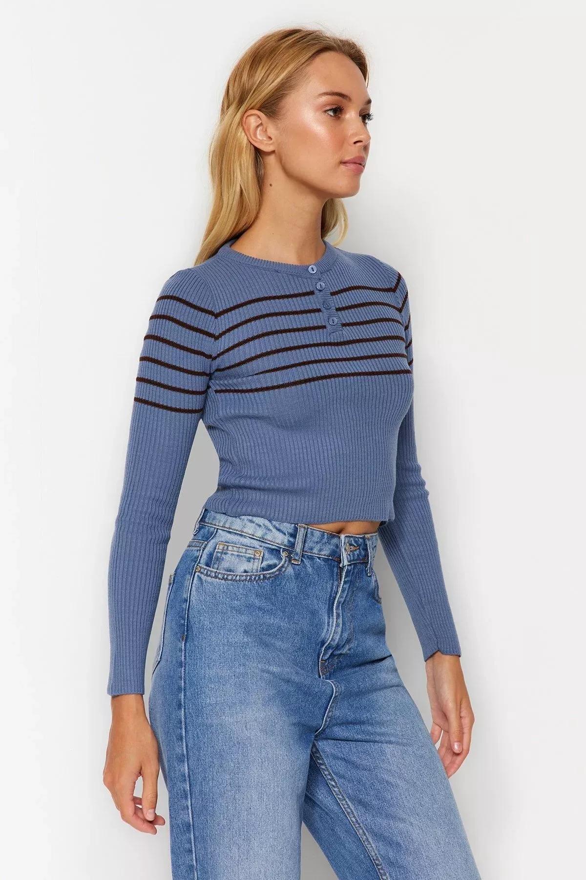 Blue Striped Cropped Knitted Sweater, Indigo, large image number 1