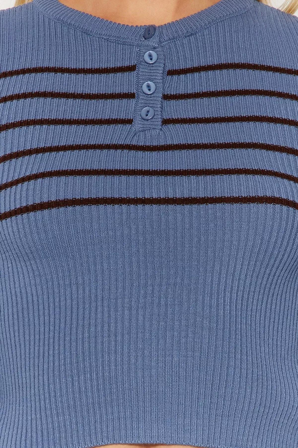 Blue Striped Cropped Knitted Sweater, Indigo, large image number 2