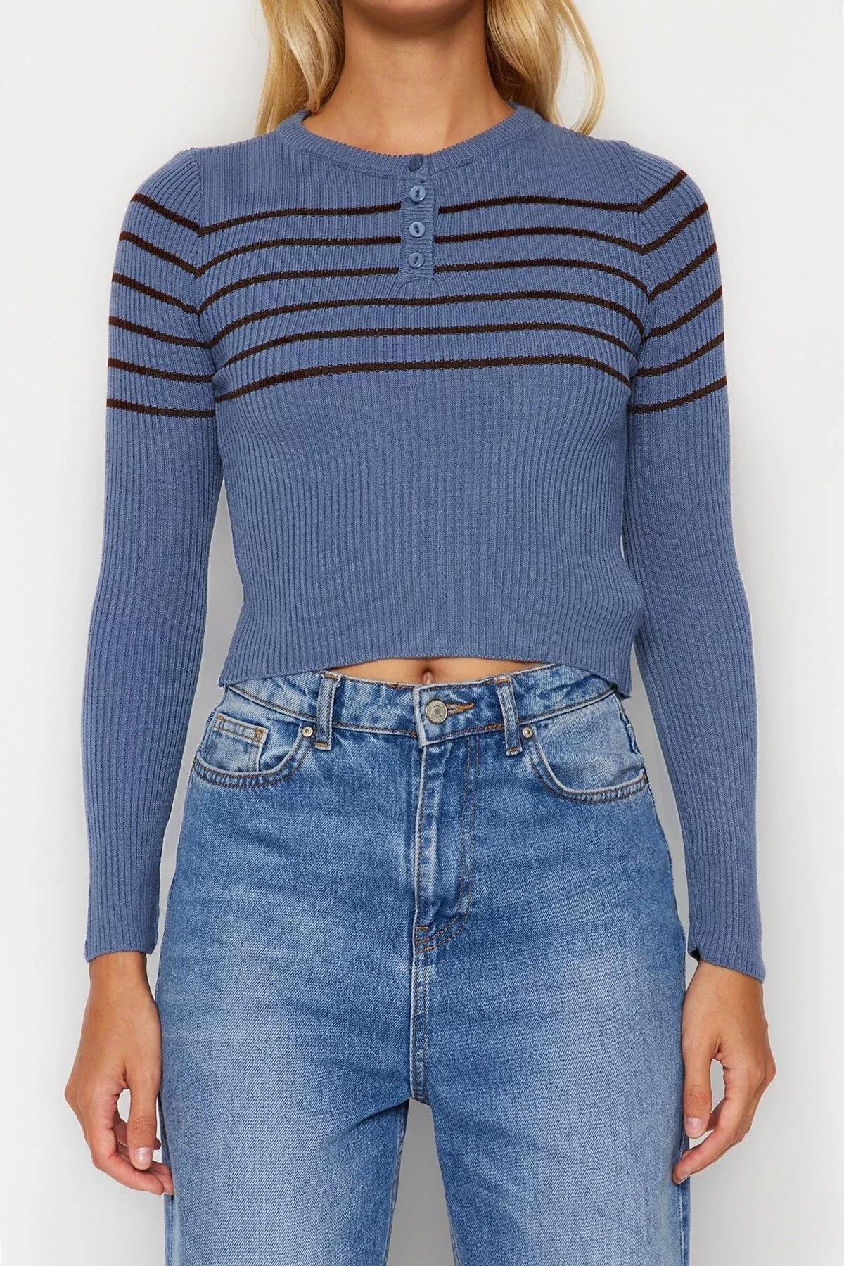 Blue Striped Cropped Knitted Sweater, Indigo, large image number 3