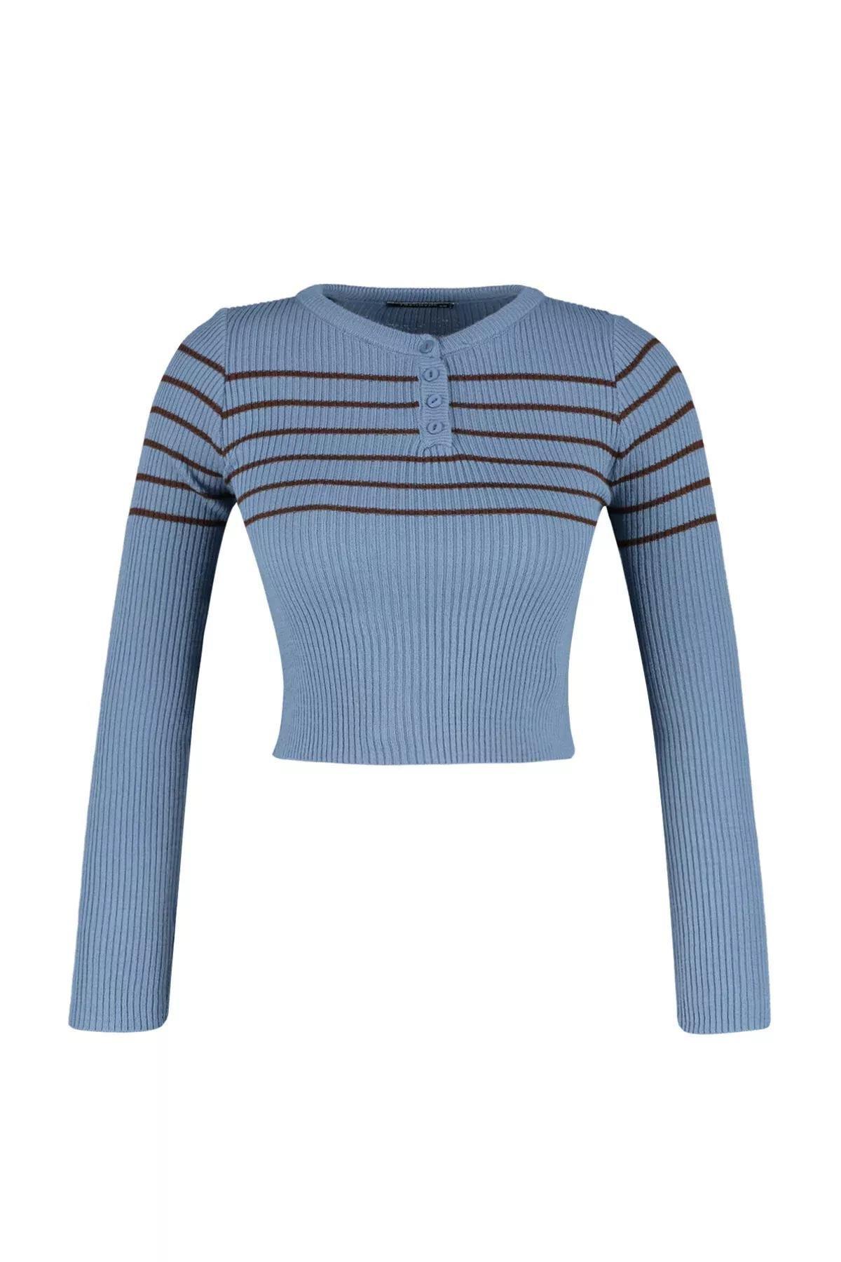 Blue Striped Cropped Knitted Sweater, Indigo, large image number 4